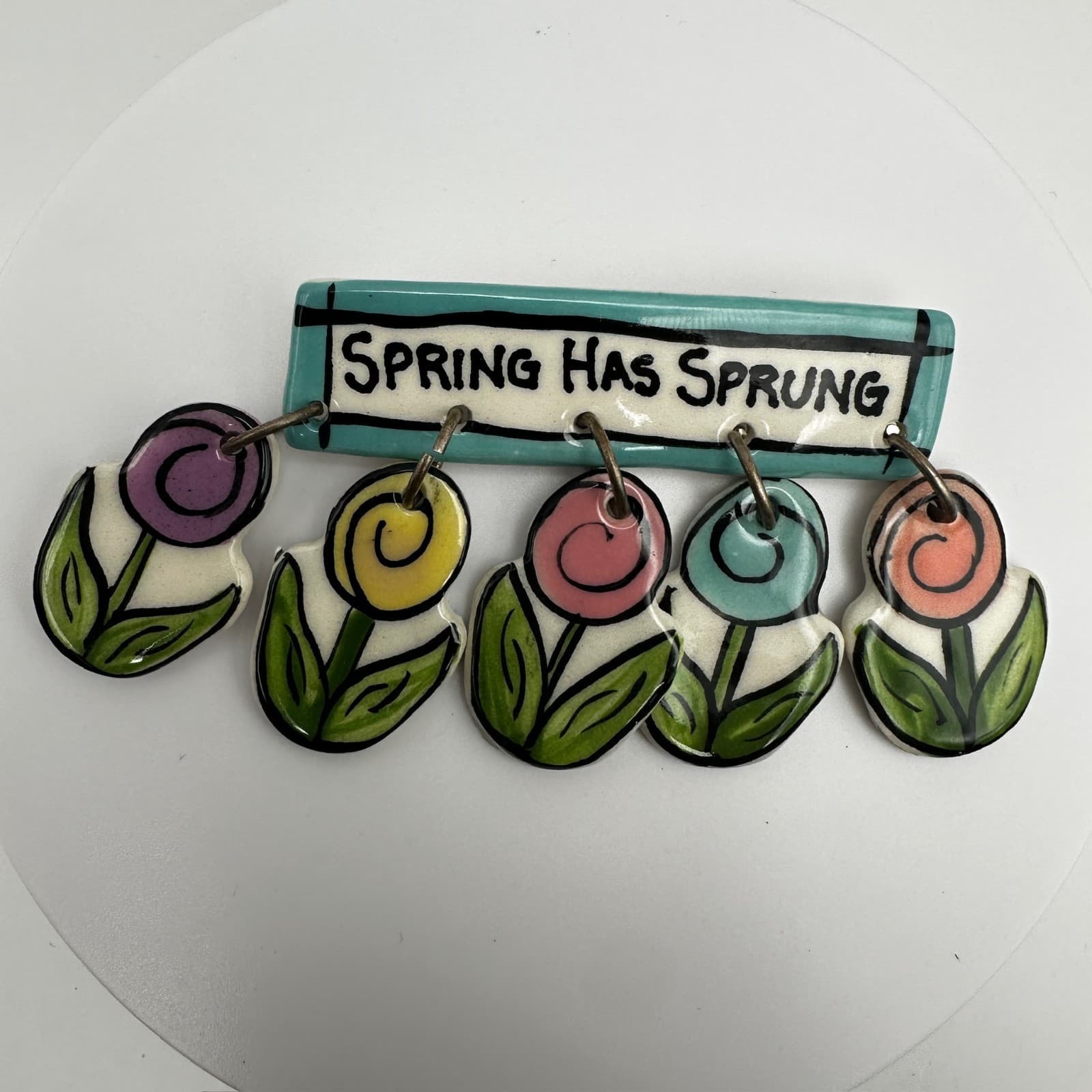 Vintage 80s Spring Has Sprung Enamel Brooch Colourful Dangling Flowers Jewelry - Thumbnail 2