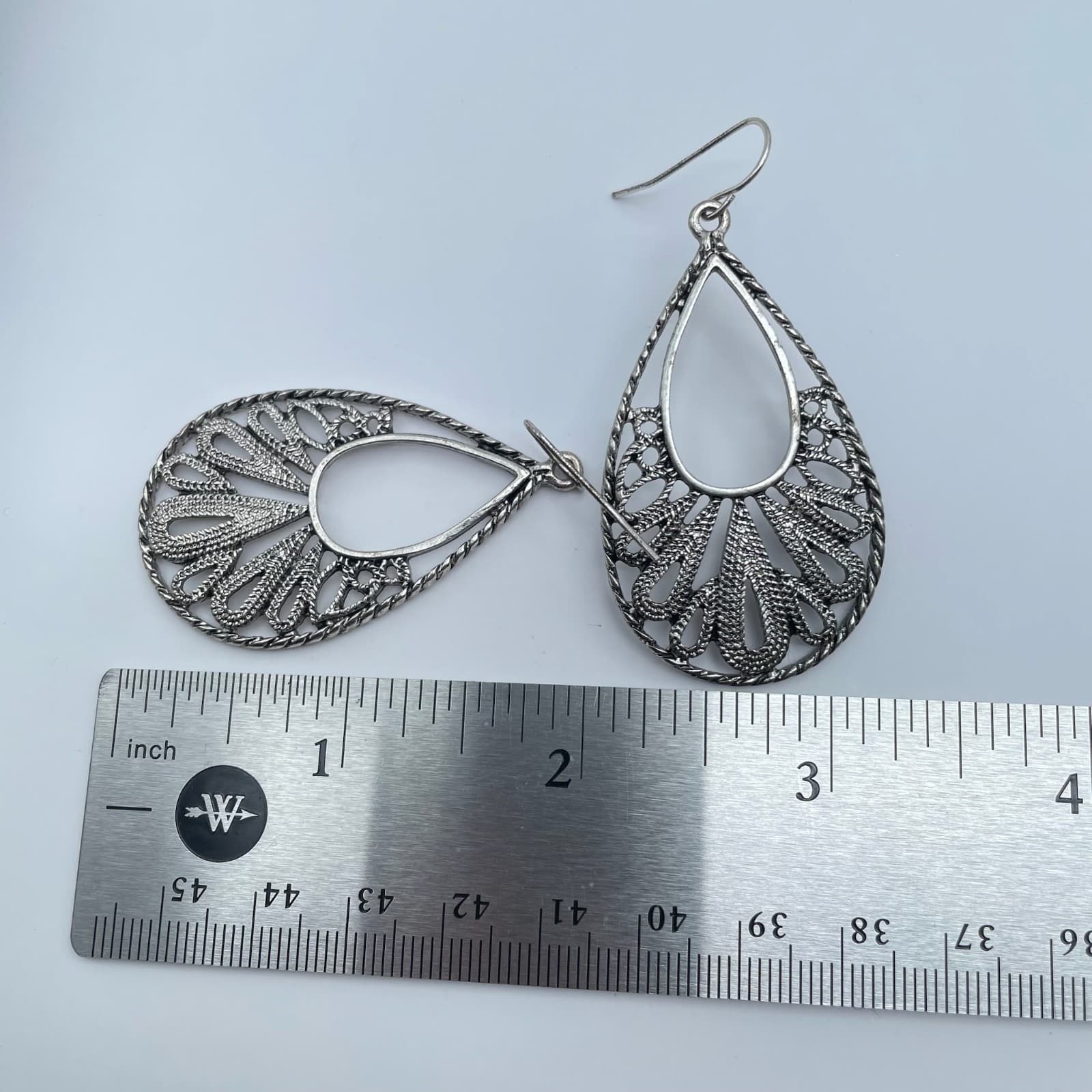 Vintage 90s Silver Tone Filigree Teardrop Dangle Earrings Boho Fashion Jewelry - Thumbnail 2