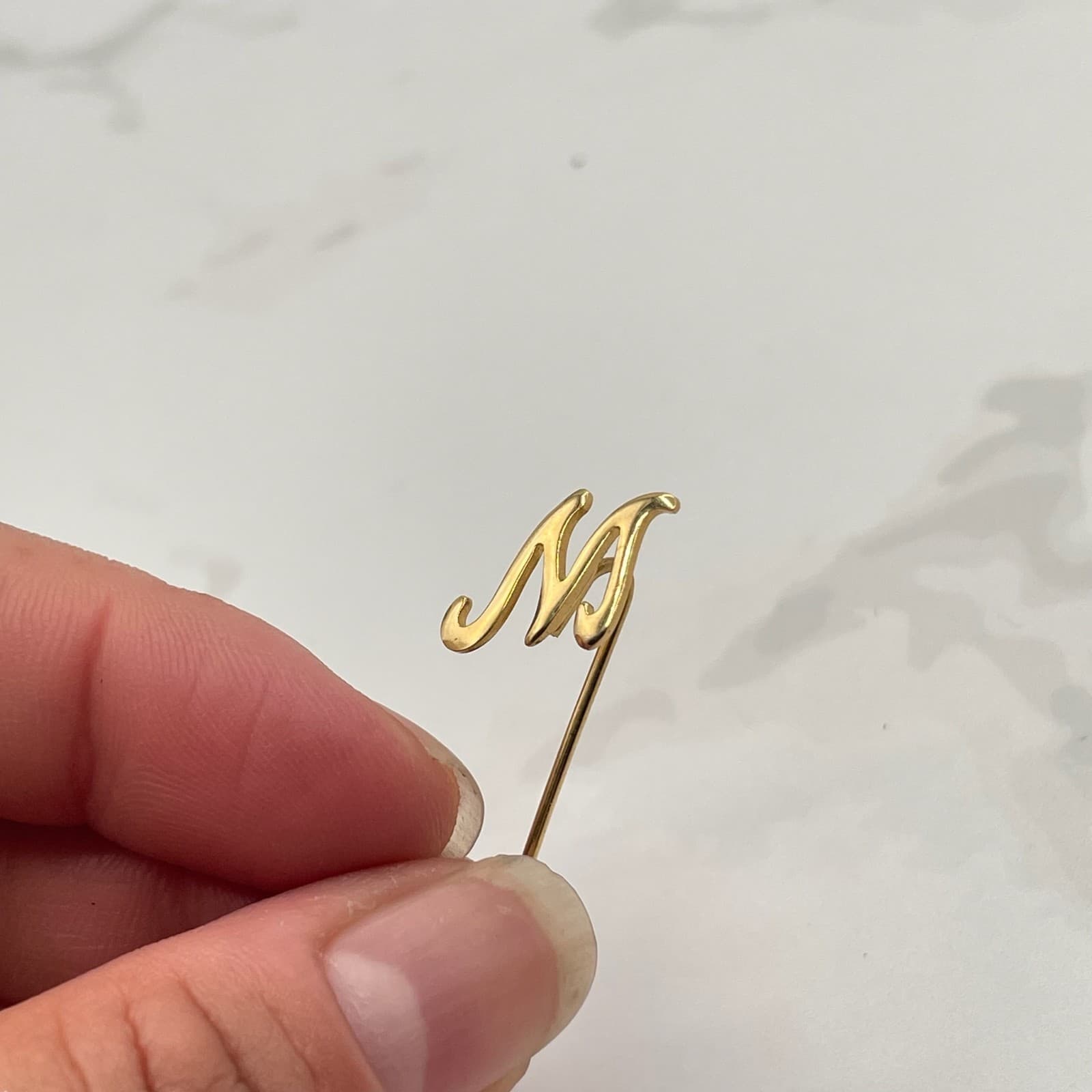 Vintage Gold-Tone Stick Pin with Script Letter Initial “M” – Monogram Lapel Pin - Thumbnail 9