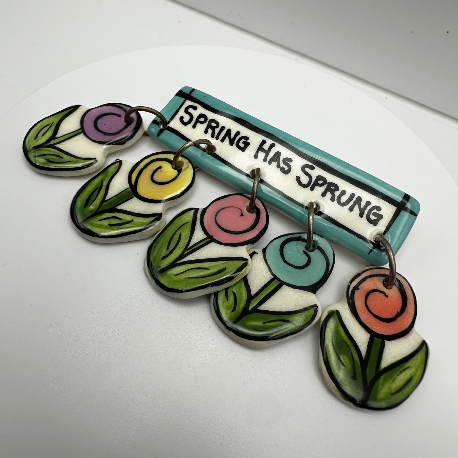 Vintage 80s Spring Has Sprung Enamel Brooch Colourful Dangling Flowers Jewelry - Thumbnail 4