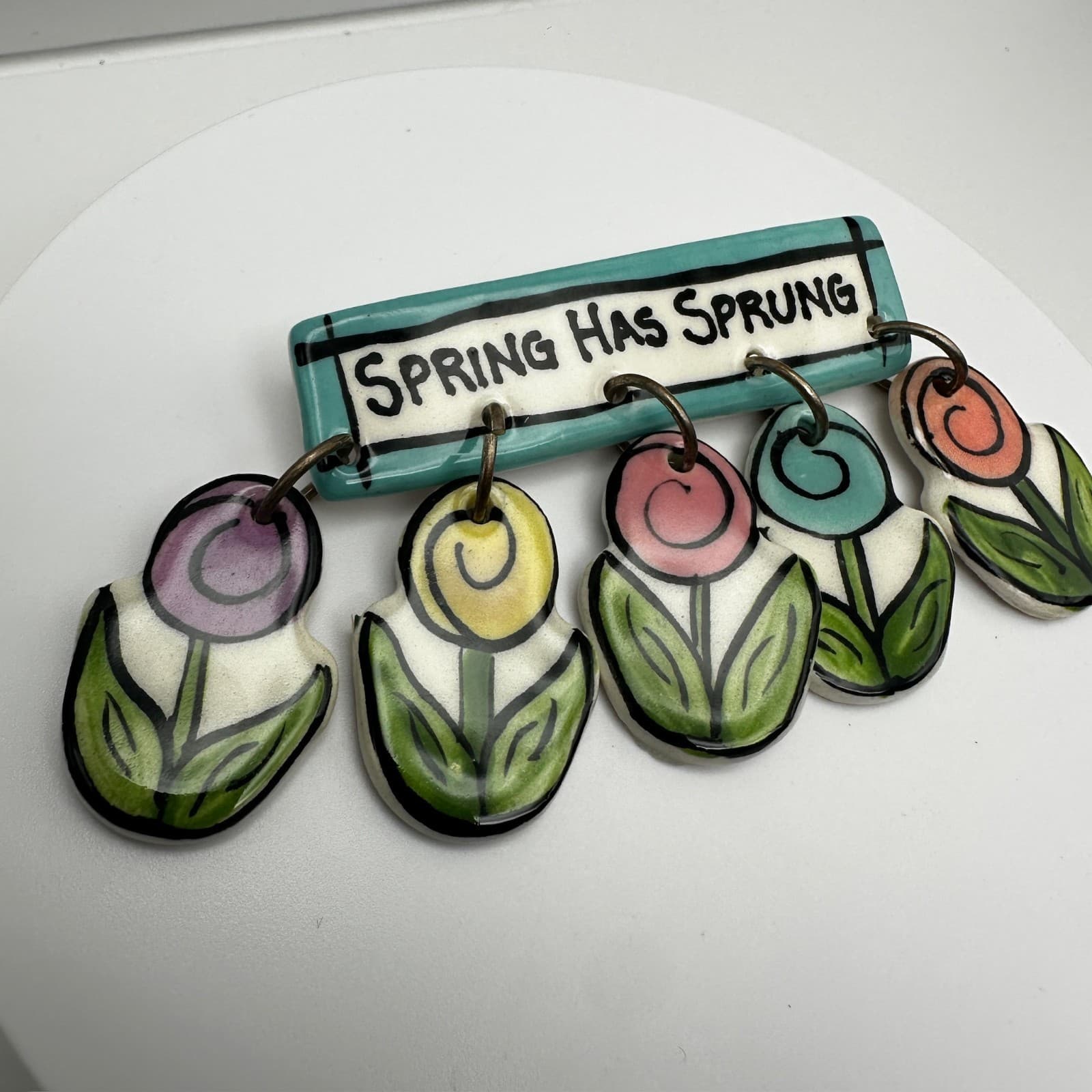 Vintage 80s Spring Has Sprung Enamel Brooch Colourful Dangling Flowers Jewelry - Thumbnail 3