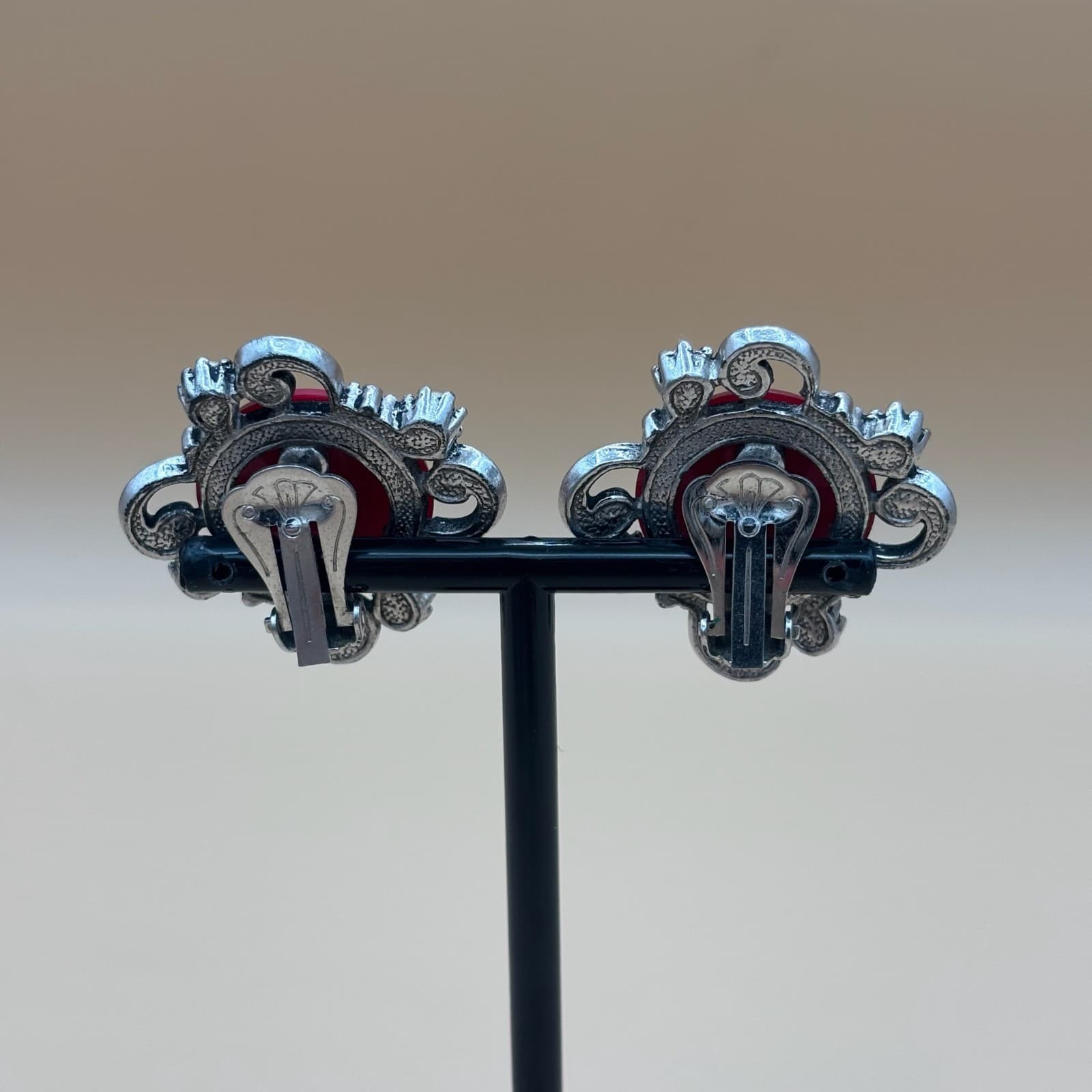 Vintage Maroon Cabochons Marbled Faux Pearls Silver-Tone Finish Earrings - Thumbnail 4