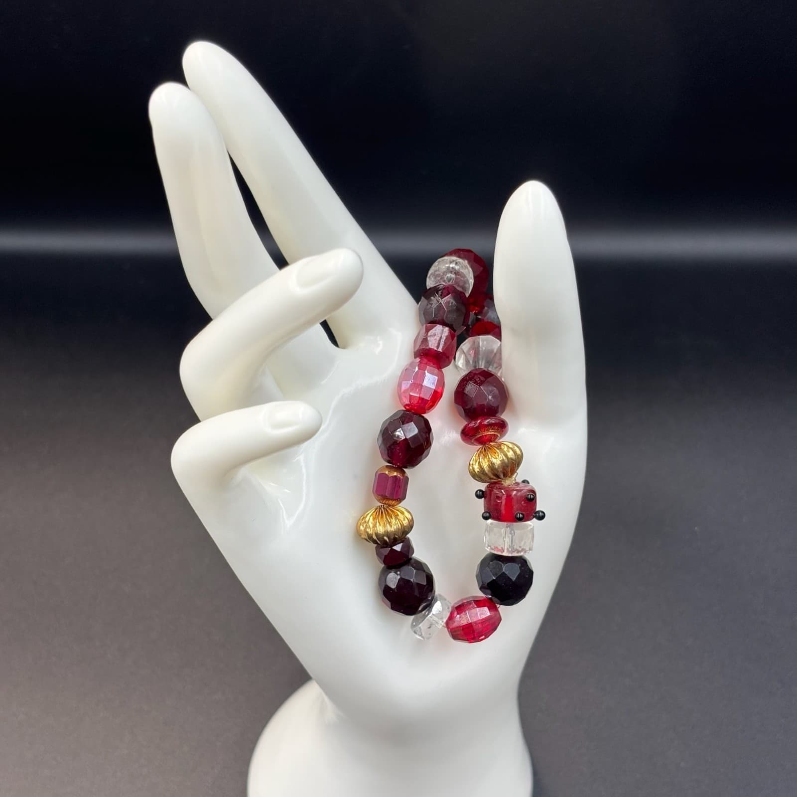 Vintage Women's Size 6 1/2" Red Clear Gold Crystal Beaded Stretch Bracelet - Image 1