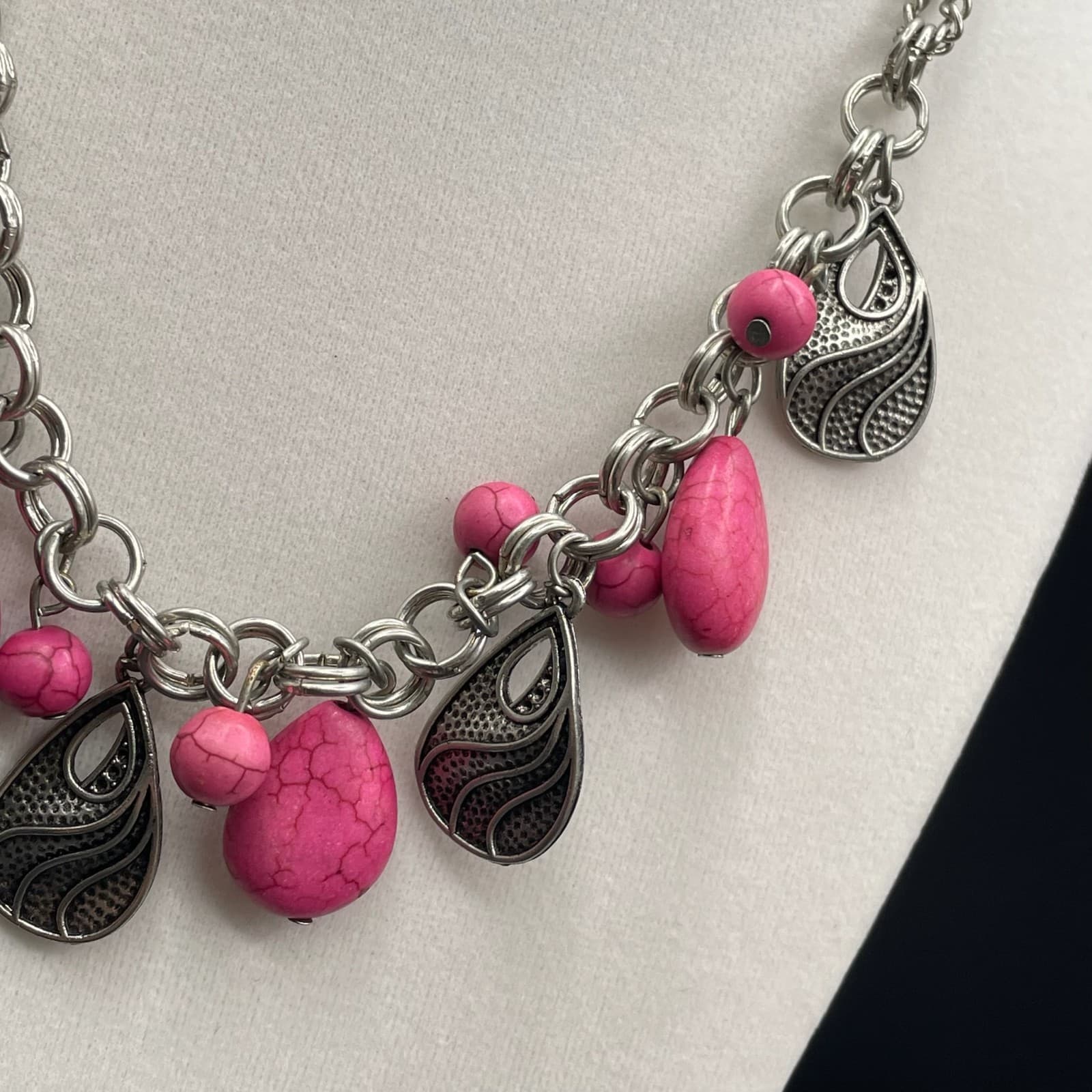 Vintage Teardrops Pink Stones Silver Dangles Adjustable Circle Links Necklace - Thumbnail 11