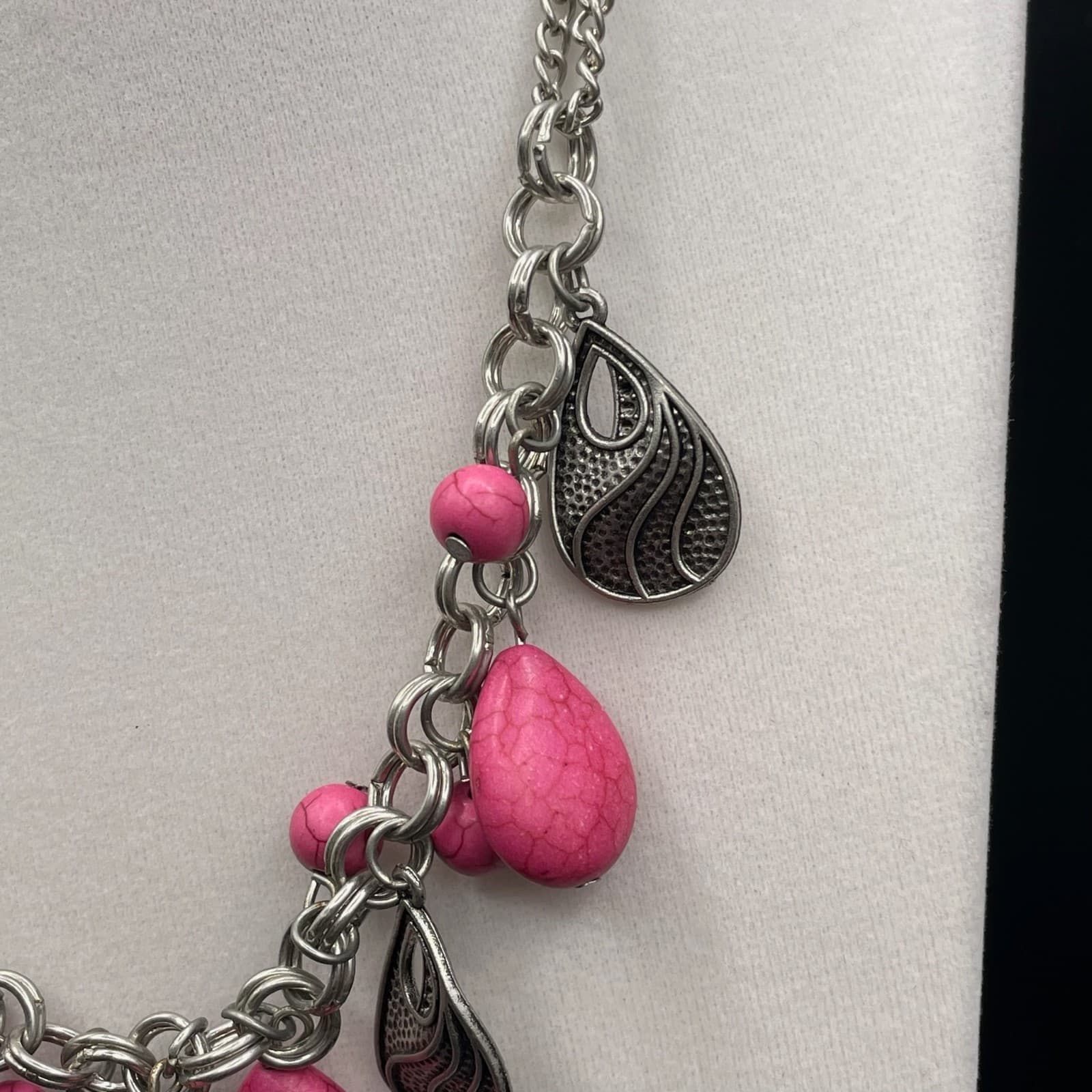 Vintage Teardrops Pink Stones Silver Dangles Adjustable Circle Links Necklace - Thumbnail 10