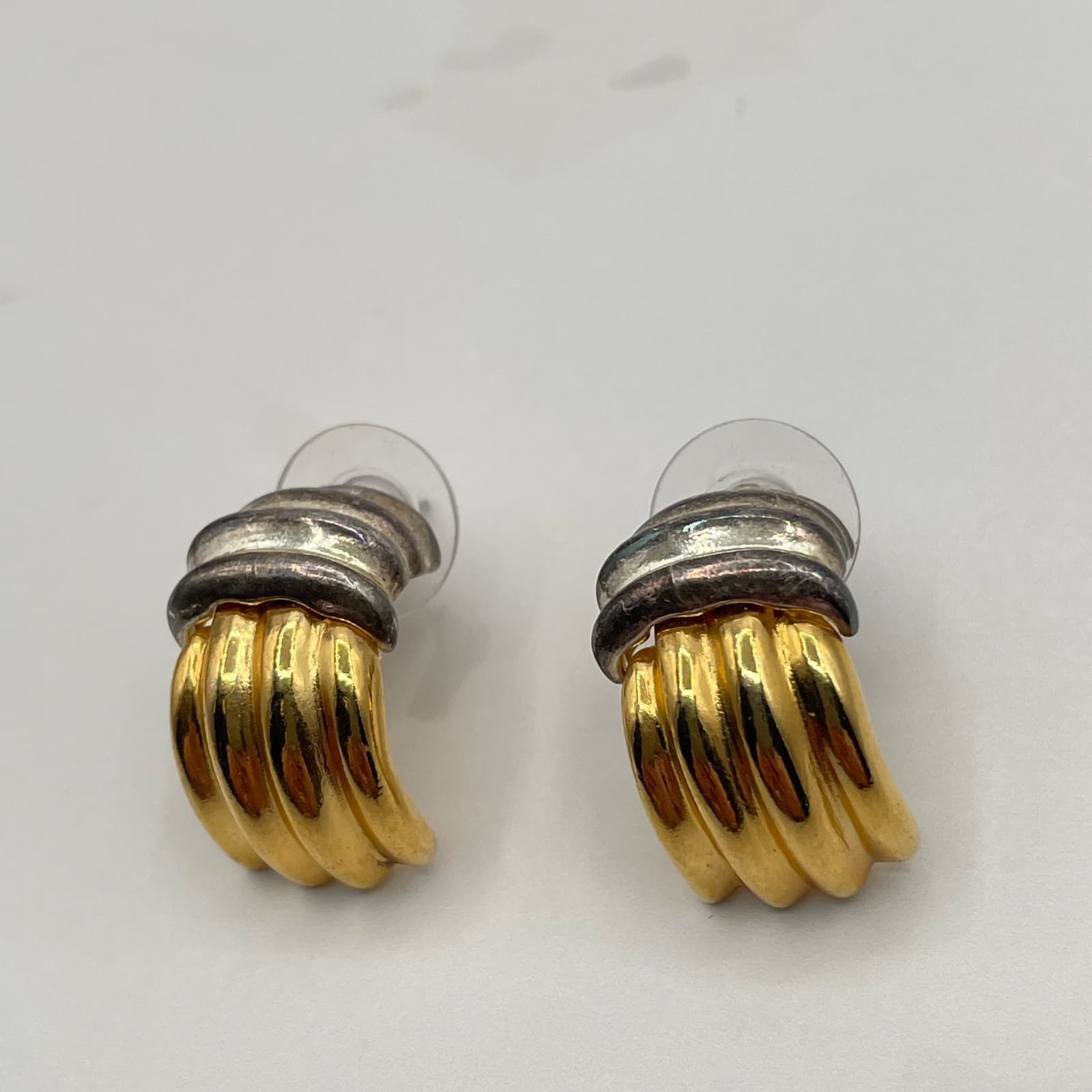 Vintage Two-Tone Ribbed Clip-On Earrings Gold & Silver Tone Chunky Hoop Style - Thumbnail 11