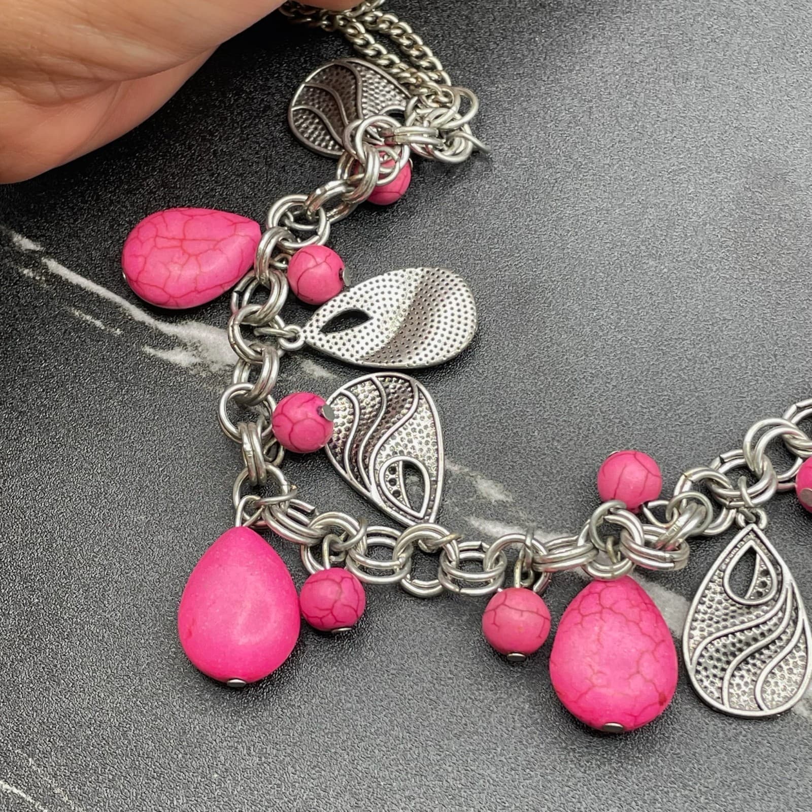 Vintage Teardrops Pink Stones Silver Dangles Adjustable Circle Links Necklace - Thumbnail 7