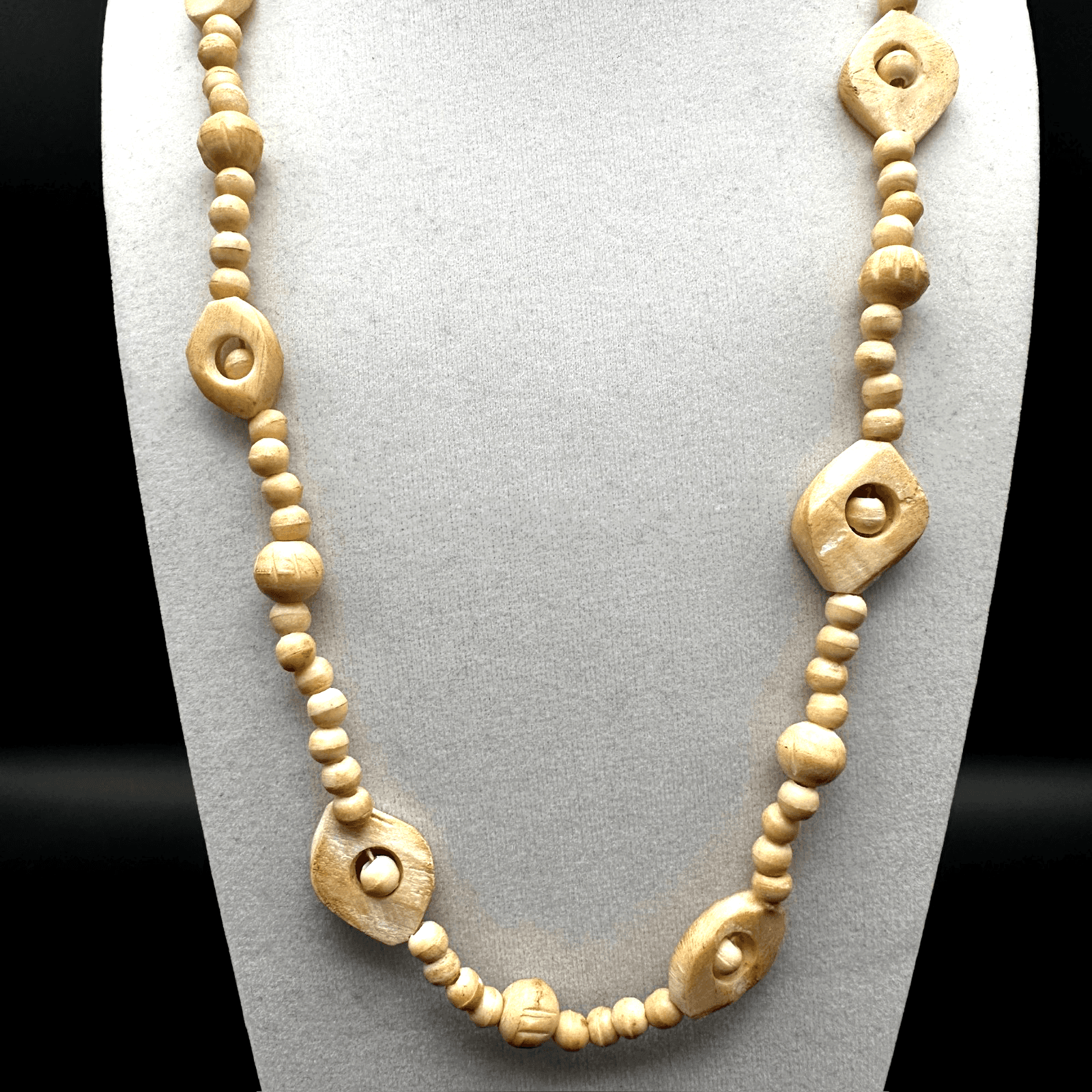 Vintage Boohoo Carved Bead Necklace | Tribal Hippie Style 80s 90s Jewelry - Image 1