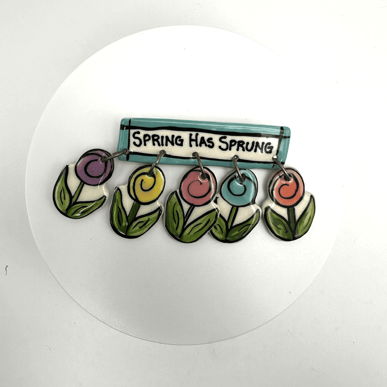 Vintage 80s Spring Has Sprung Enamel Brooch Colourful Dangling Flowers Jewelry - Image 1