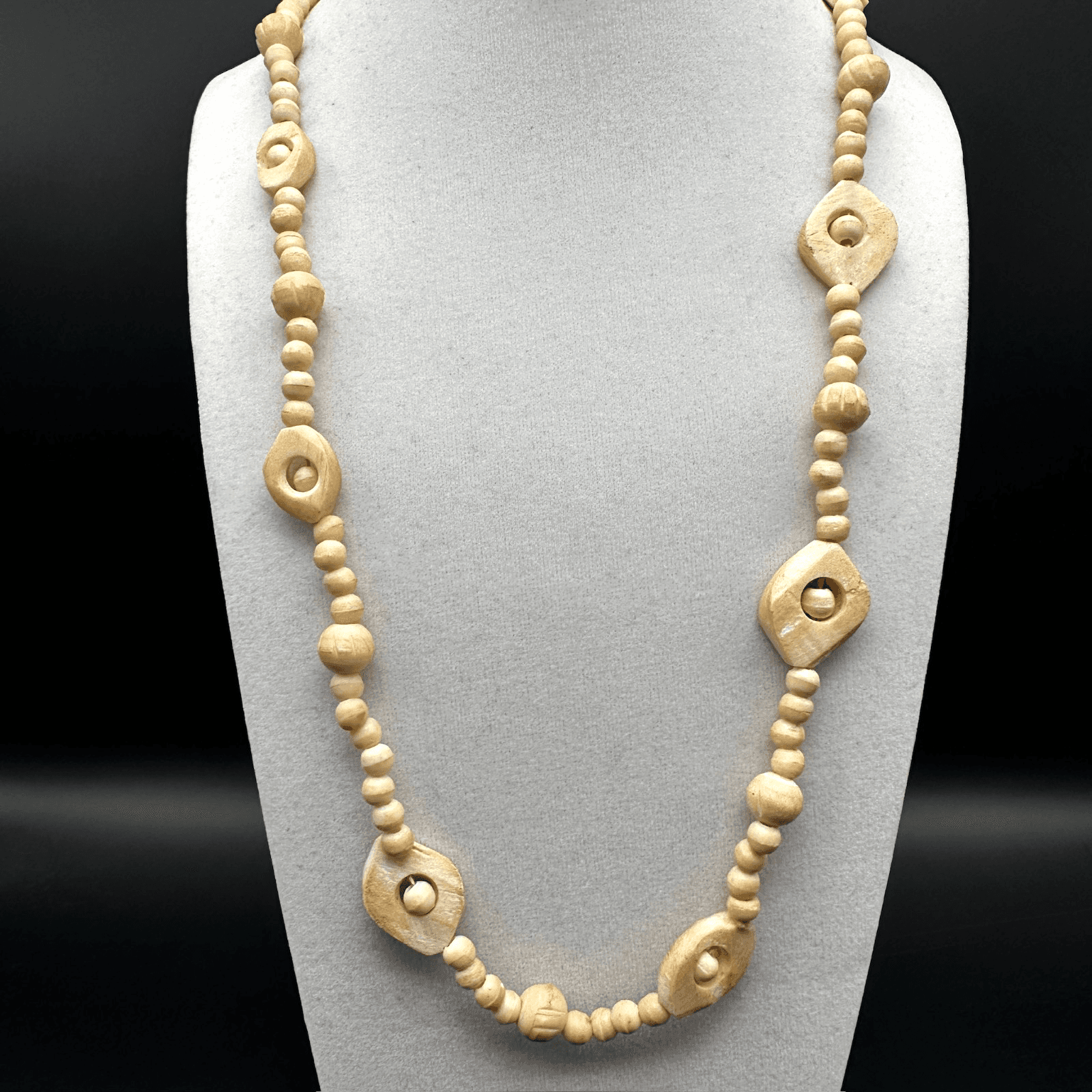 Vintage Boohoo Carved Bead Necklace | Tribal Hippie Style 80s 90s Jewelry - Thumbnail 2