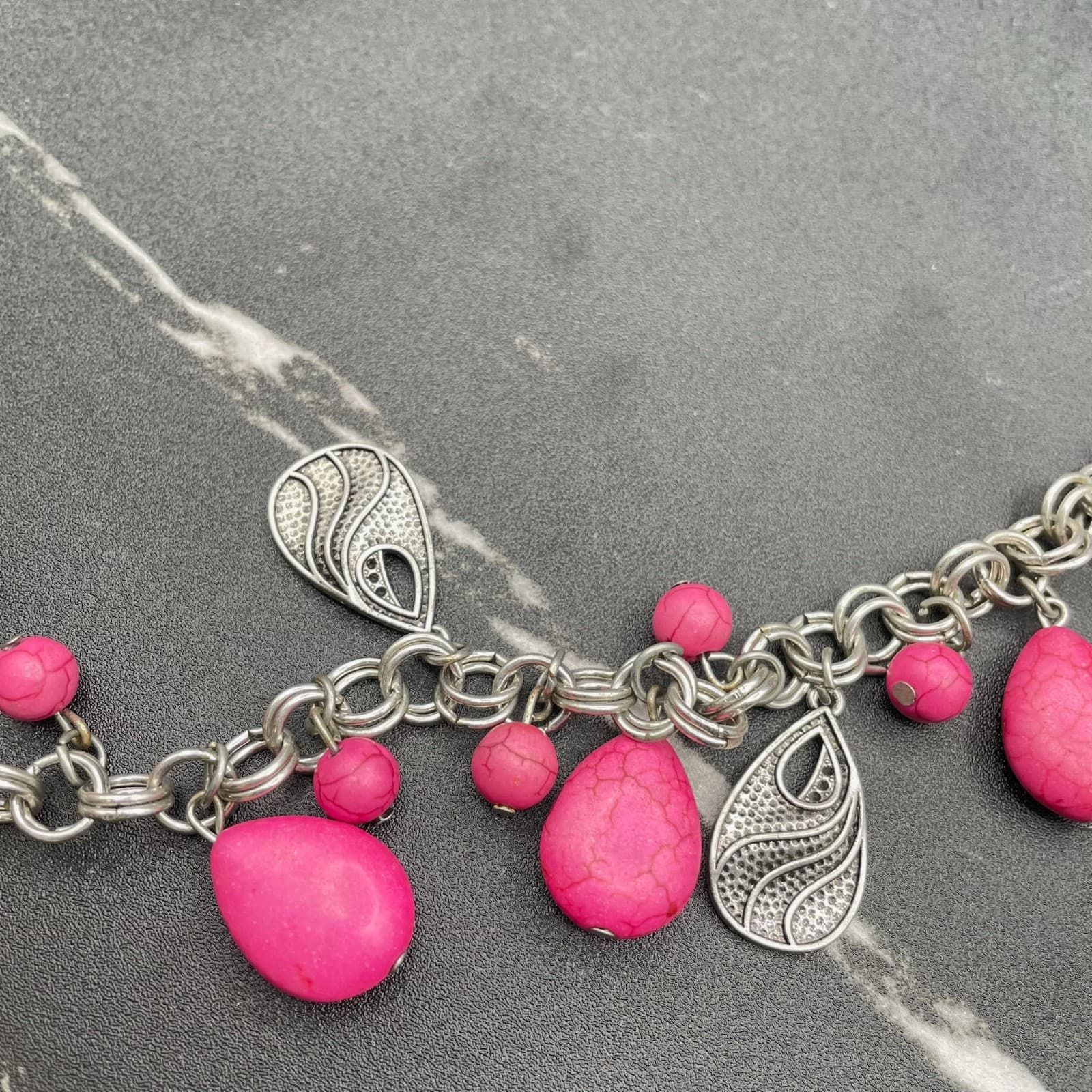 Vintage Teardrops Pink Stones Silver Dangles Adjustable Circle Links Necklace - Thumbnail 5