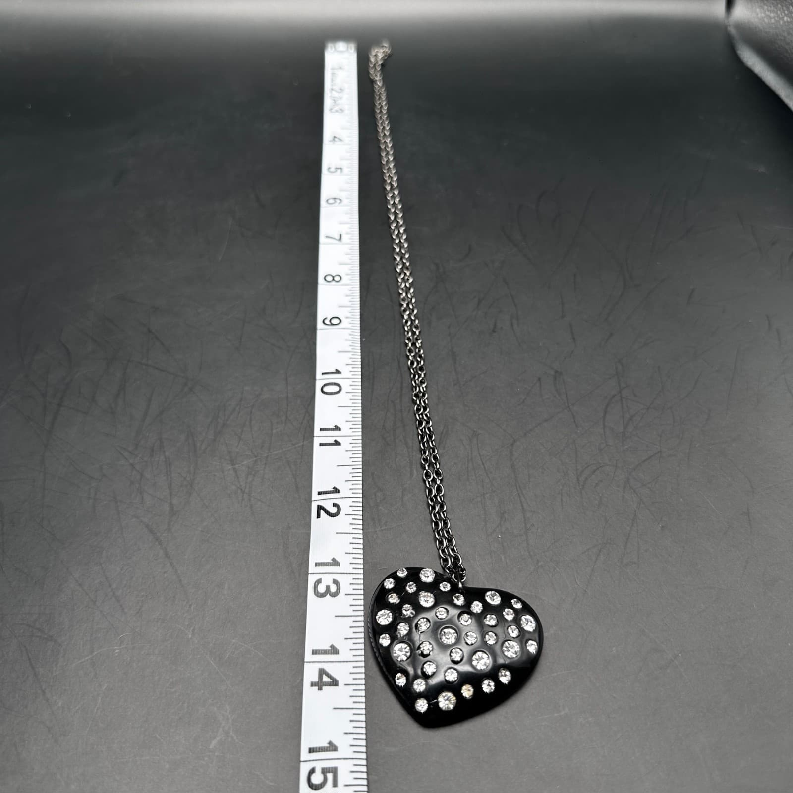 Vintage 90s Black Heart Rhinestone Pendant Necklace Gunmetal Women's Jewelry - Thumbnail 8