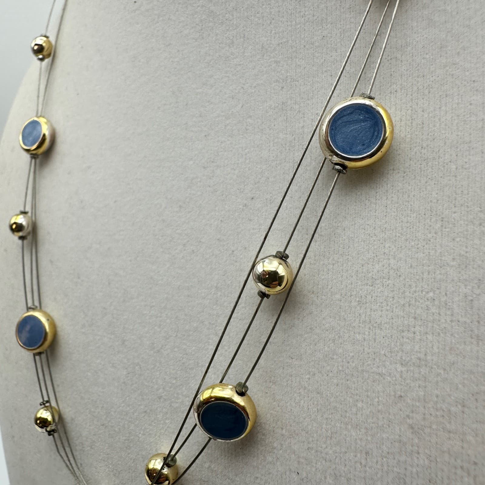 Vintage NY Gold Tone Blue Enamel Circles Multi Strand Wire Necklace Jewelry 90s - Thumbnail 5