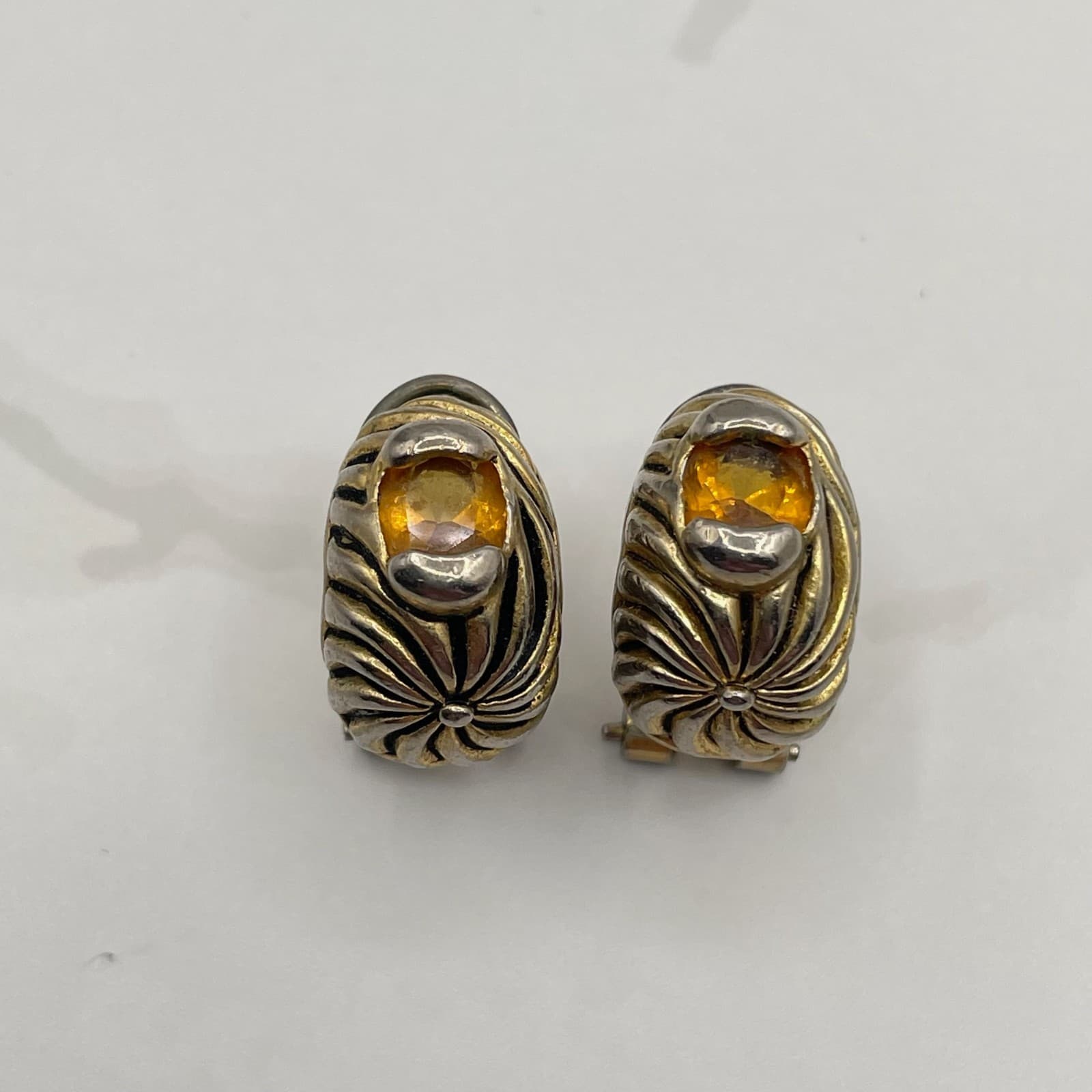 Vintage Two-Tone Citrine Style Earrings Gold Silver Tone with Amber Glass Stone - Thumbnail 2