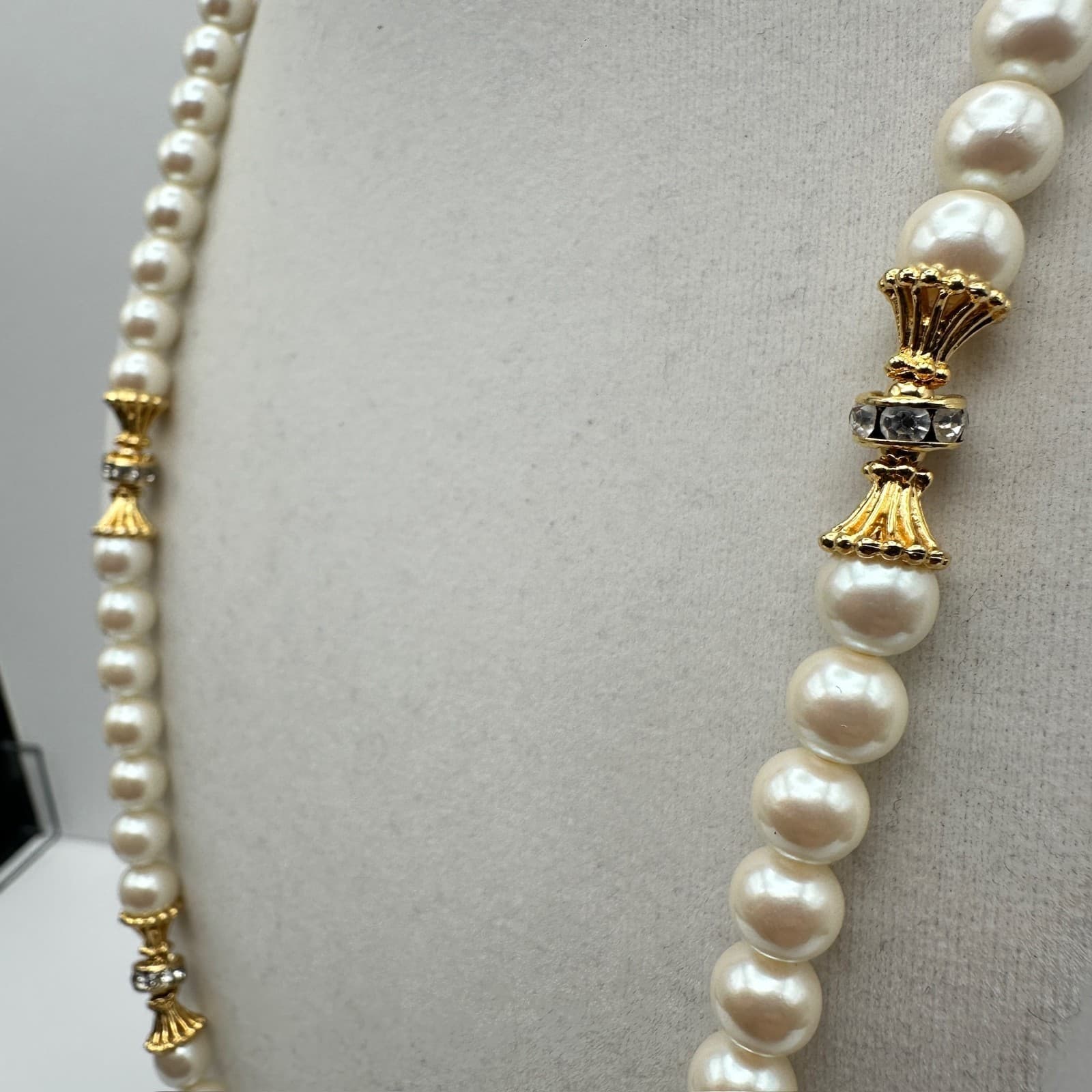 Vintage Faux Pearl Gold Tone Decorative Spacer Zirconia Bead Necklace Jewelry - Thumbnail 5
