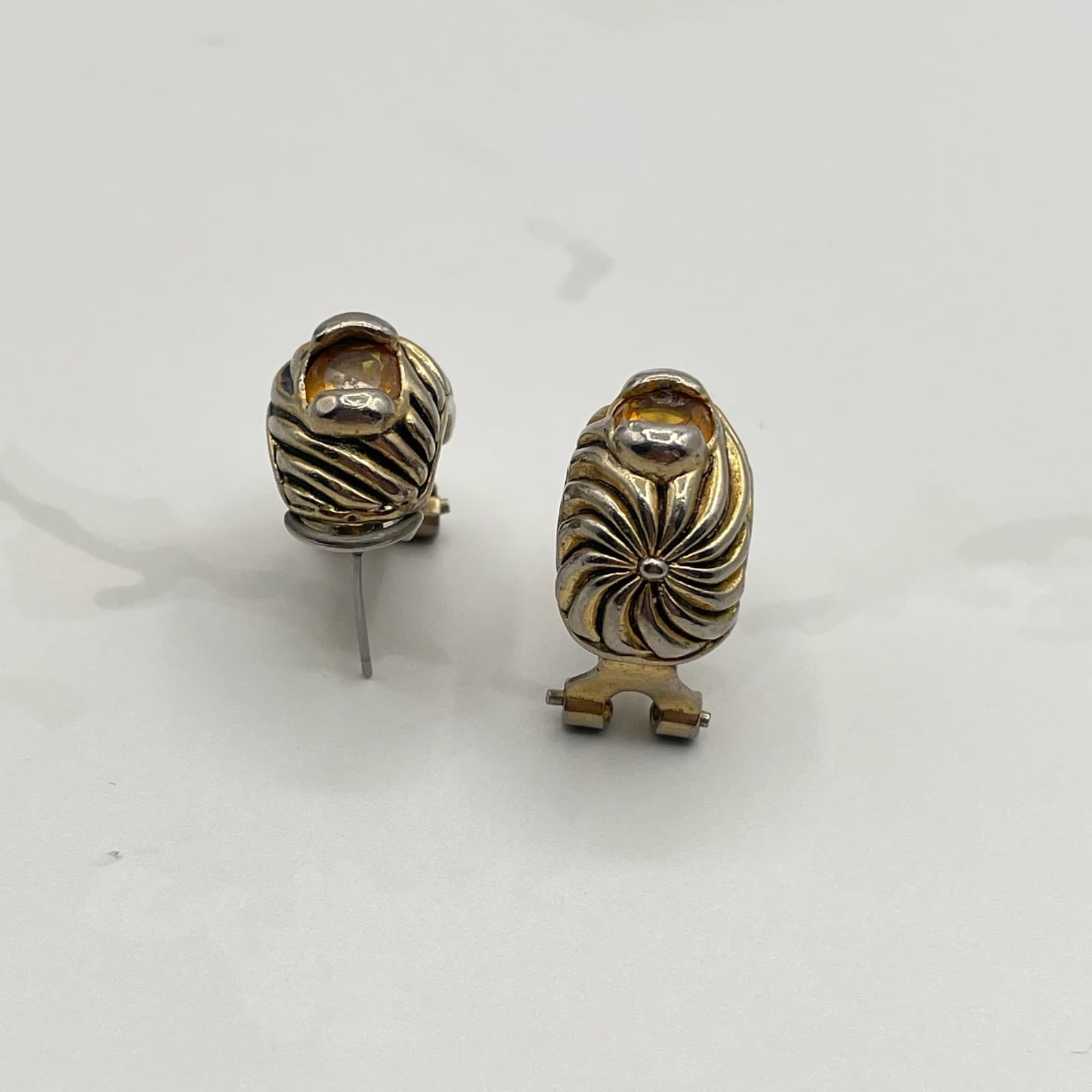 Vintage Two-Tone Citrine Style Earrings Gold Silver Tone with Amber Glass Stone - Thumbnail 4