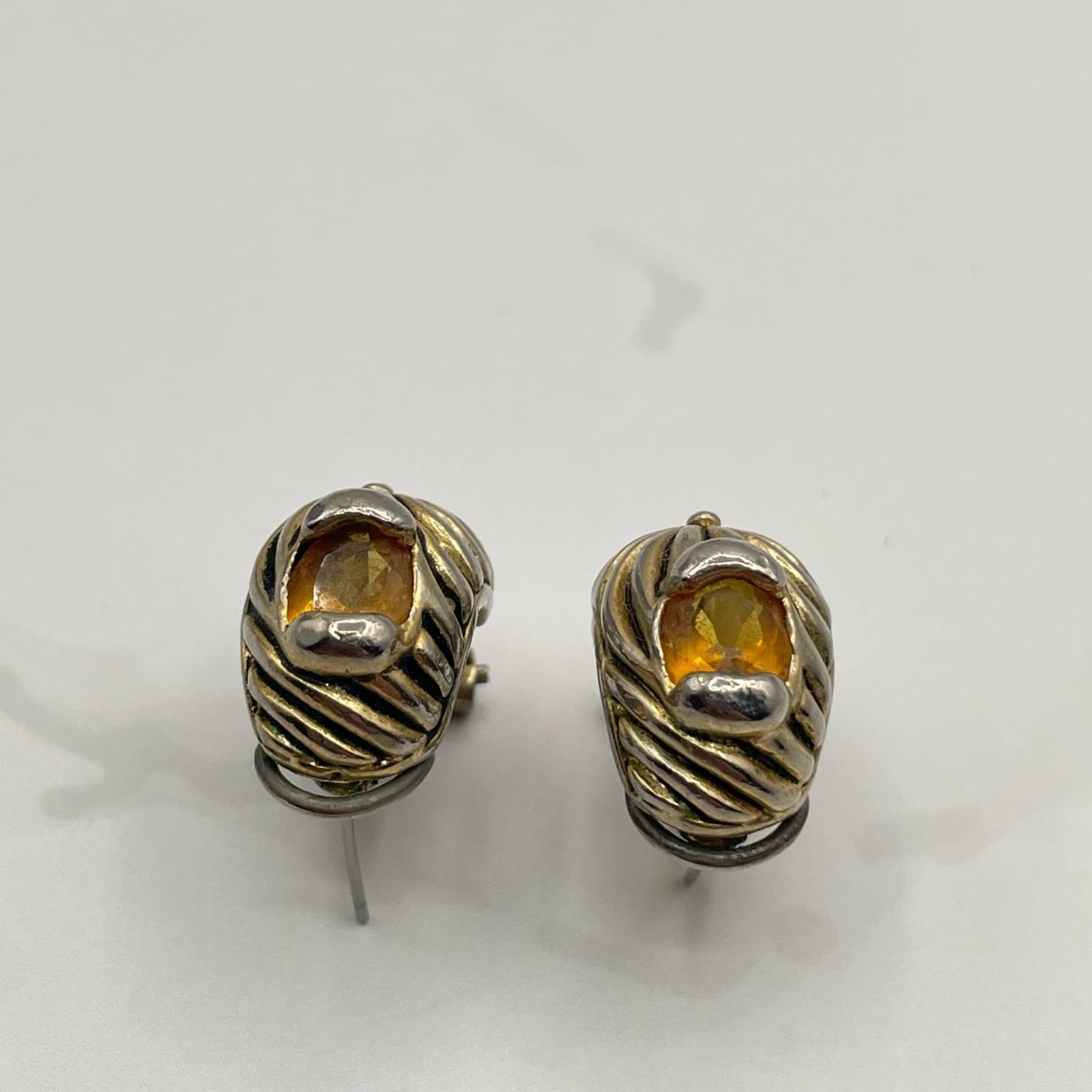 Vintage Two-Tone Citrine Style Earrings Gold Silver Tone with Amber Glass Stone - Thumbnail 5