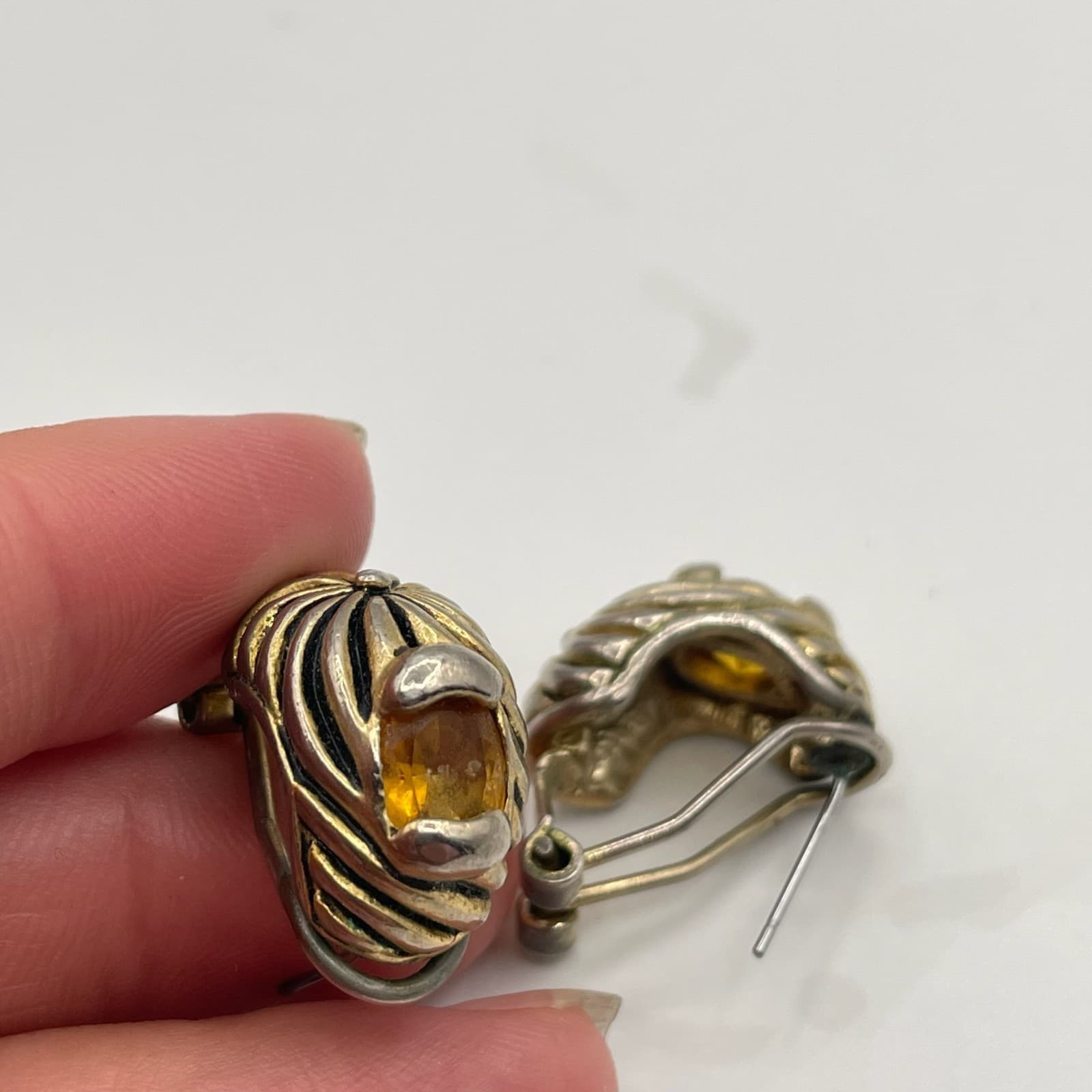 Vintage Two-Tone Citrine Style Earrings Gold Silver Tone with Amber Glass Stone - Thumbnail 9