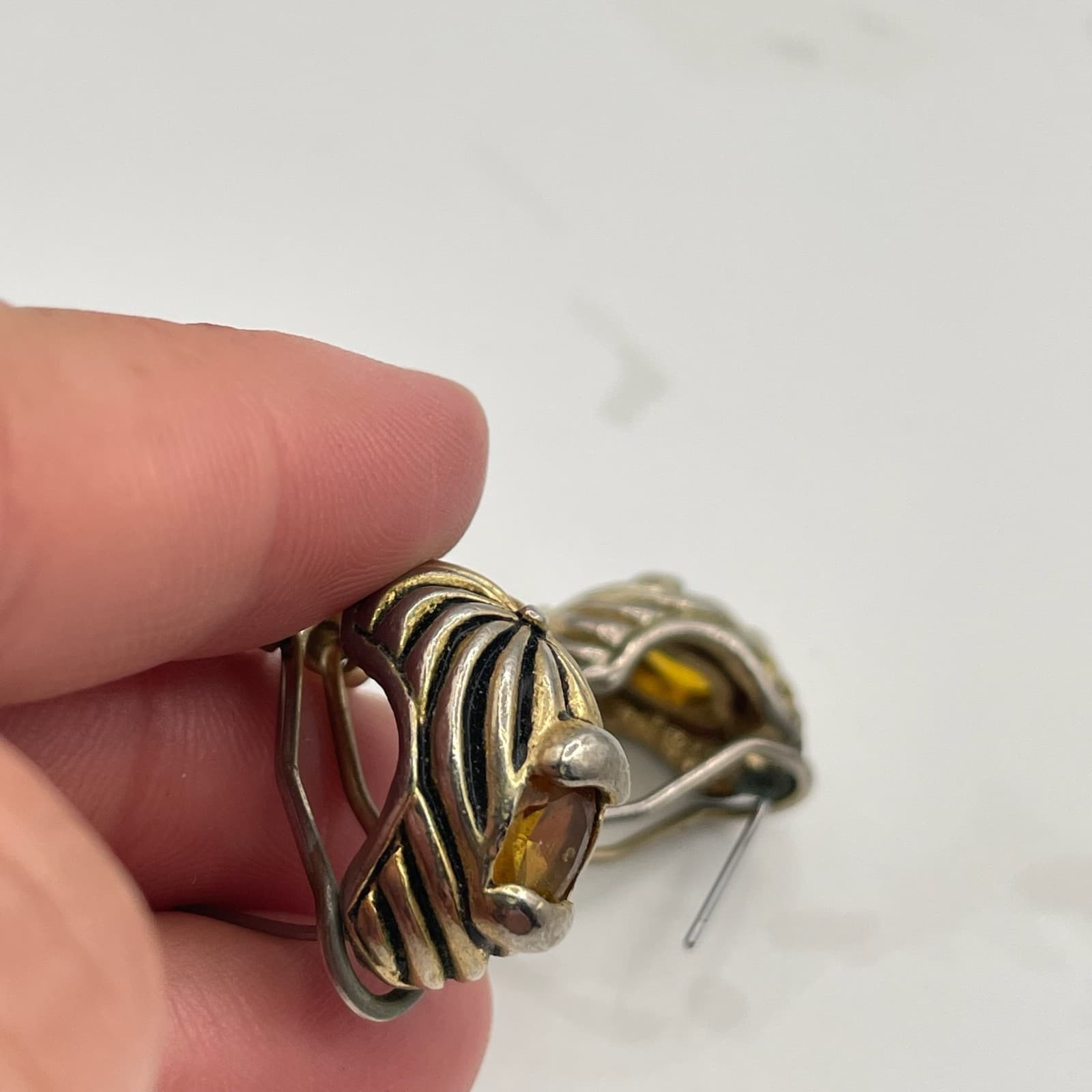 Vintage Two-Tone Citrine Style Earrings Gold Silver Tone with Amber Glass Stone - Thumbnail 10