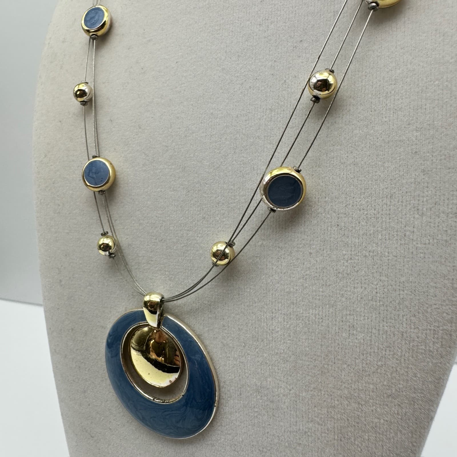 Vintage NY Gold Tone Blue Enamel Circles Multi Strand Wire Necklace Jewelry 90s - Thumbnail 4