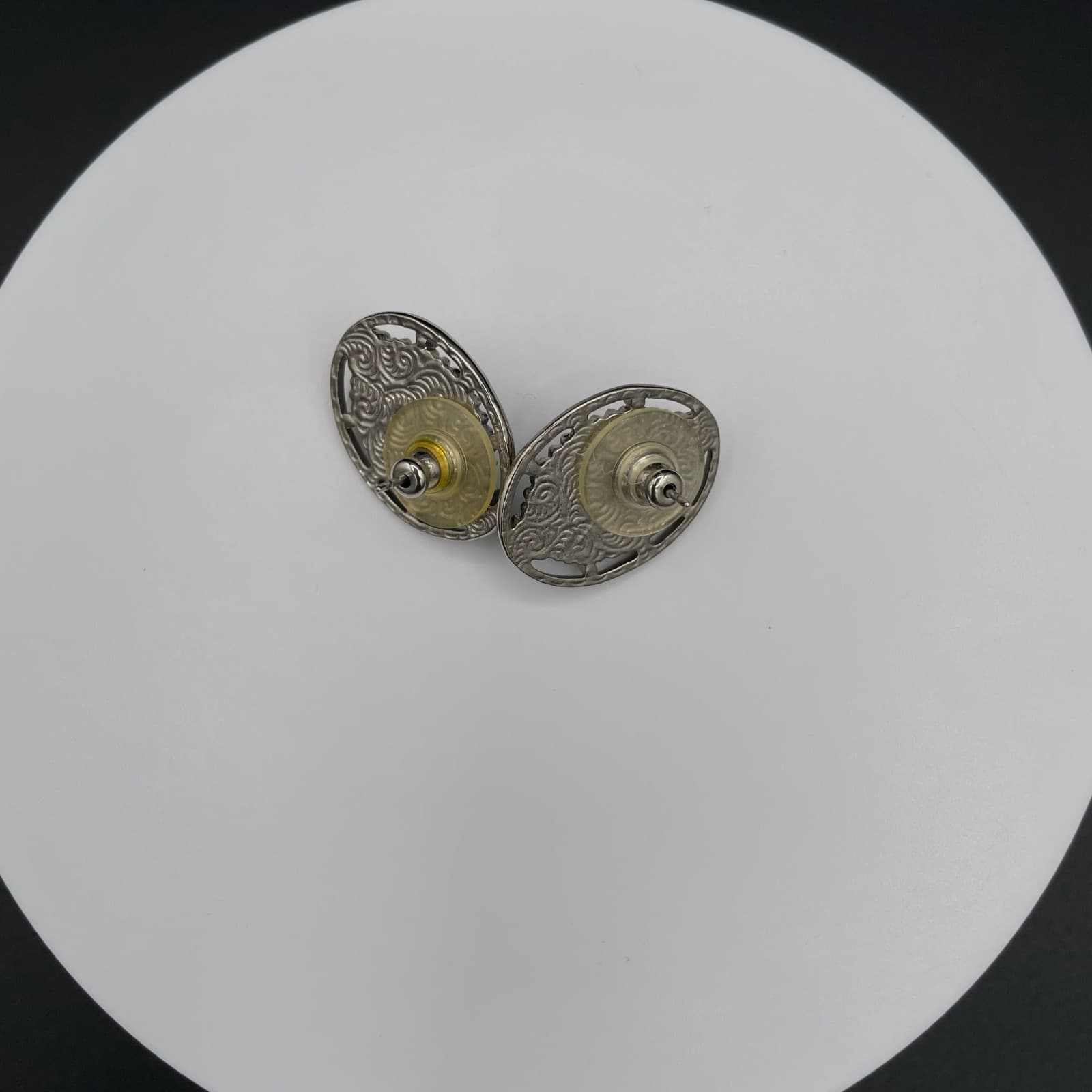 Vintage Style Silver Tone Oval Earrings Seafoam Green Stone Crystal Accents Stud - Thumbnail 4