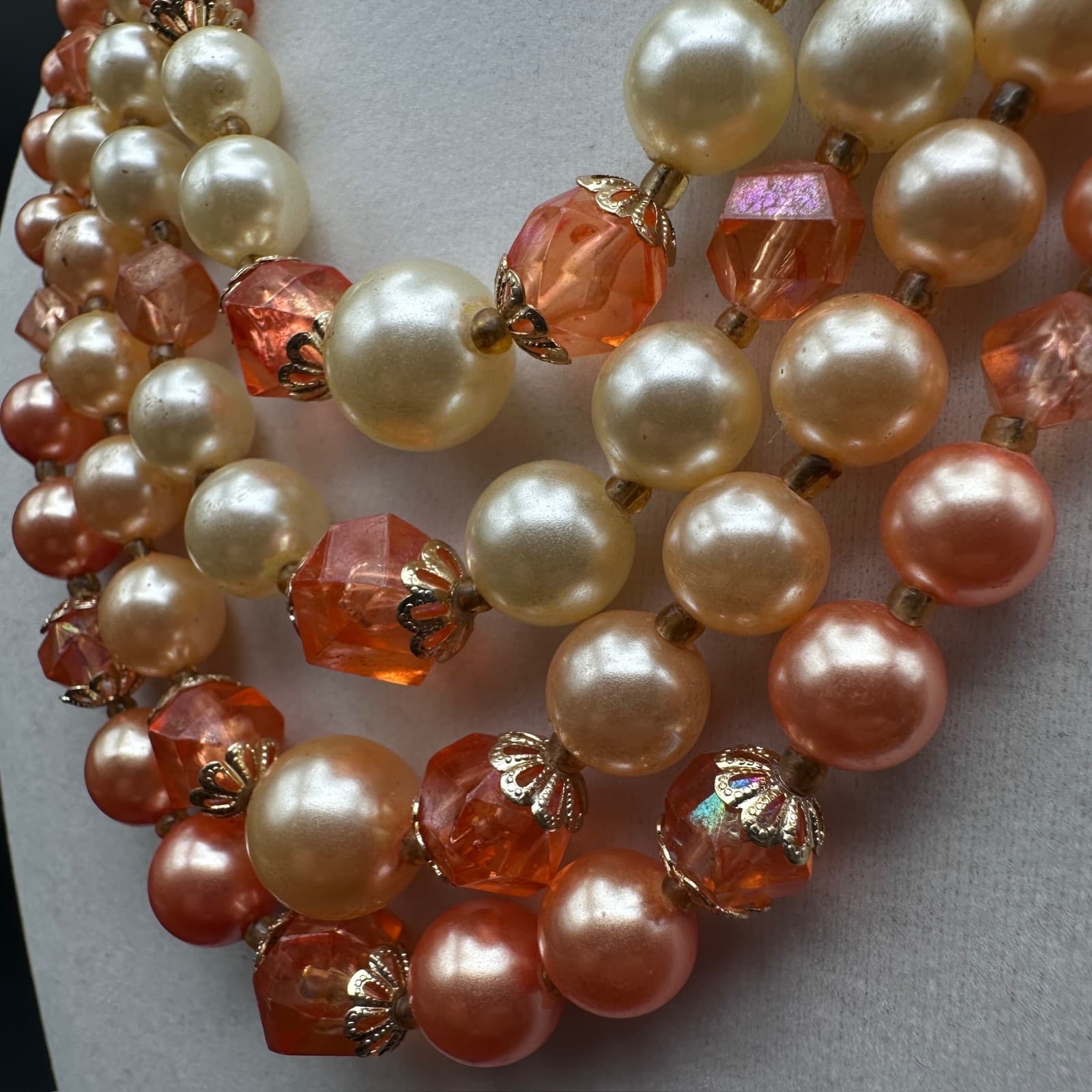 Vintage 90s Necklace 5-strand orange and cream faux pearl & faceted bead Jewelry - Thumbnail 3