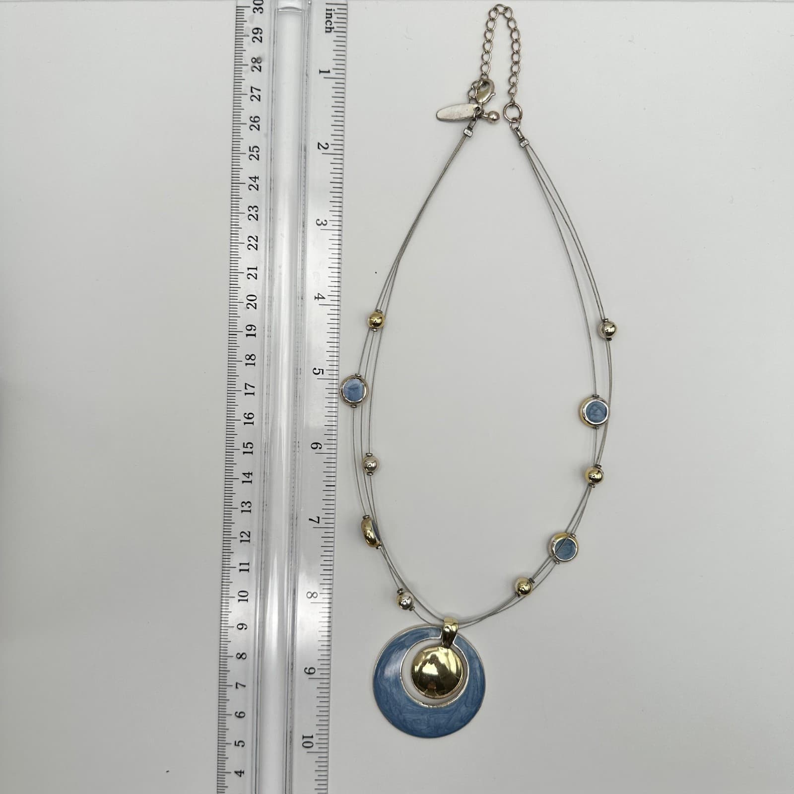 Vintage NY Gold Tone Blue Enamel Circles Multi Strand Wire Necklace Jewelry 90s - Thumbnail 10