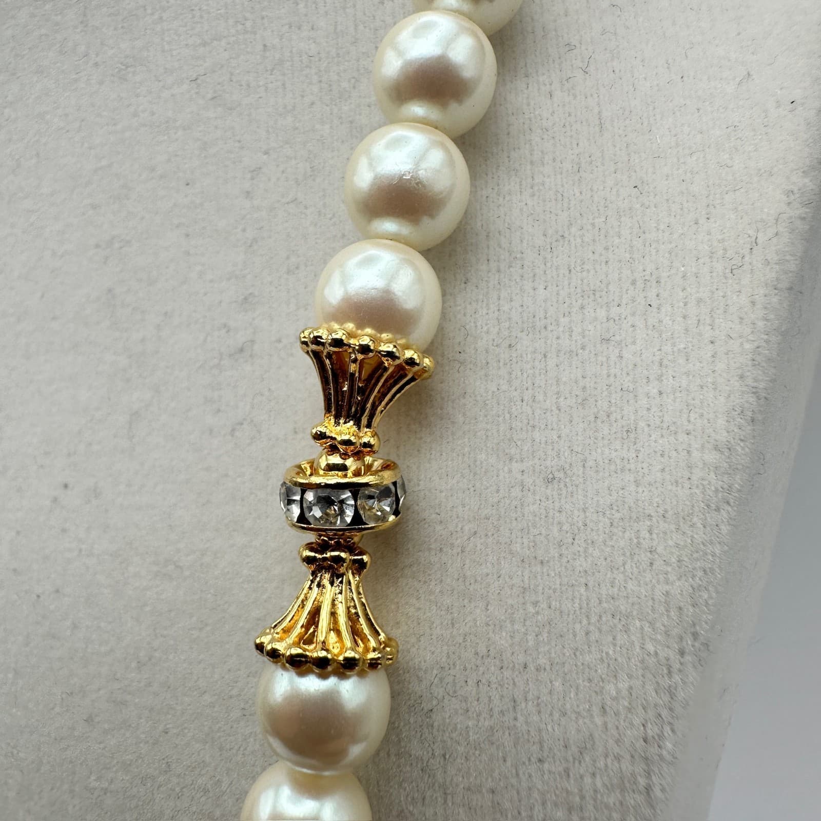 Vintage Faux Pearl Gold Tone Decorative Spacer Zirconia Bead Necklace Jewelry - Thumbnail 4