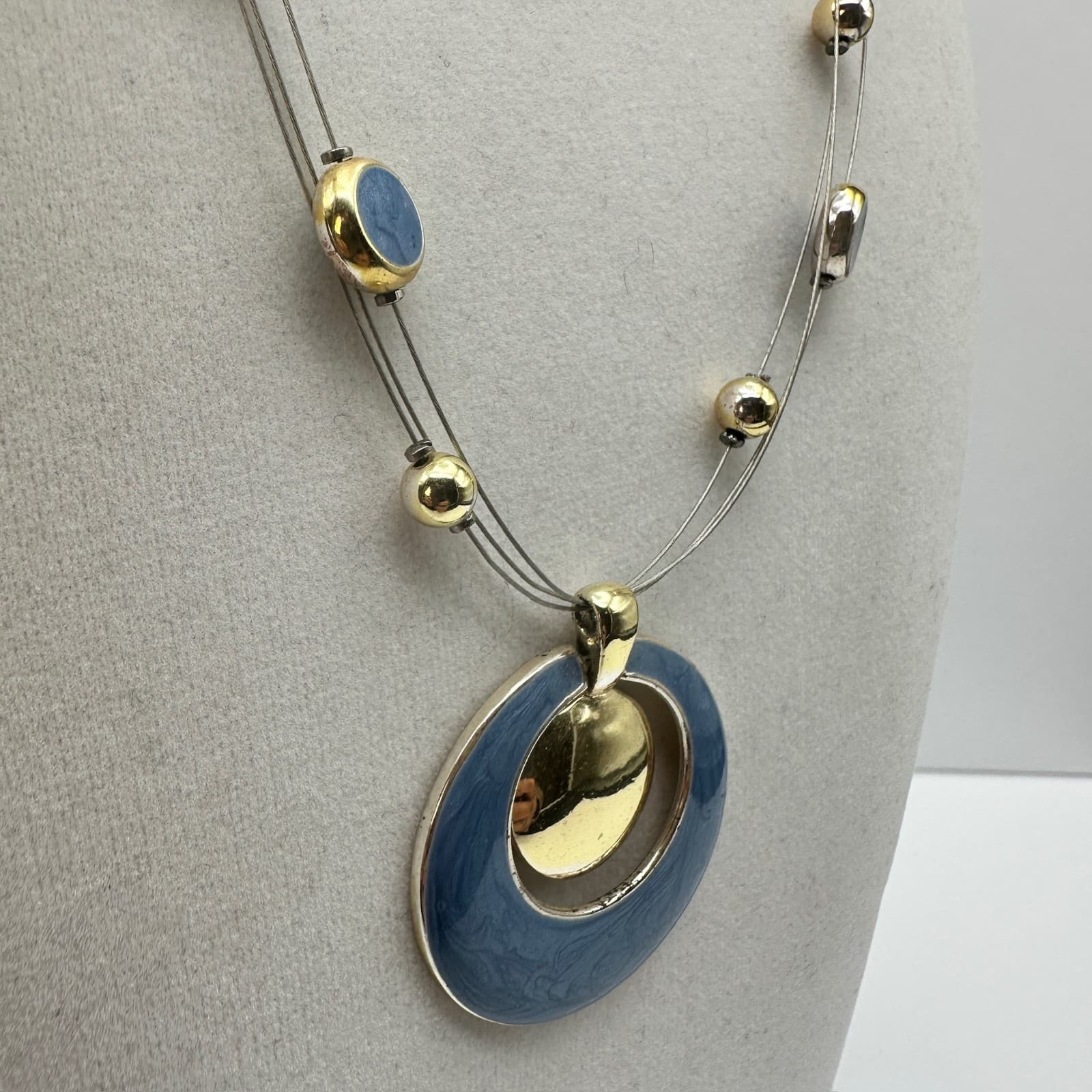 Vintage NY Gold Tone Blue Enamel Circles Multi Strand Wire Necklace Jewelry 90s - Thumbnail 3