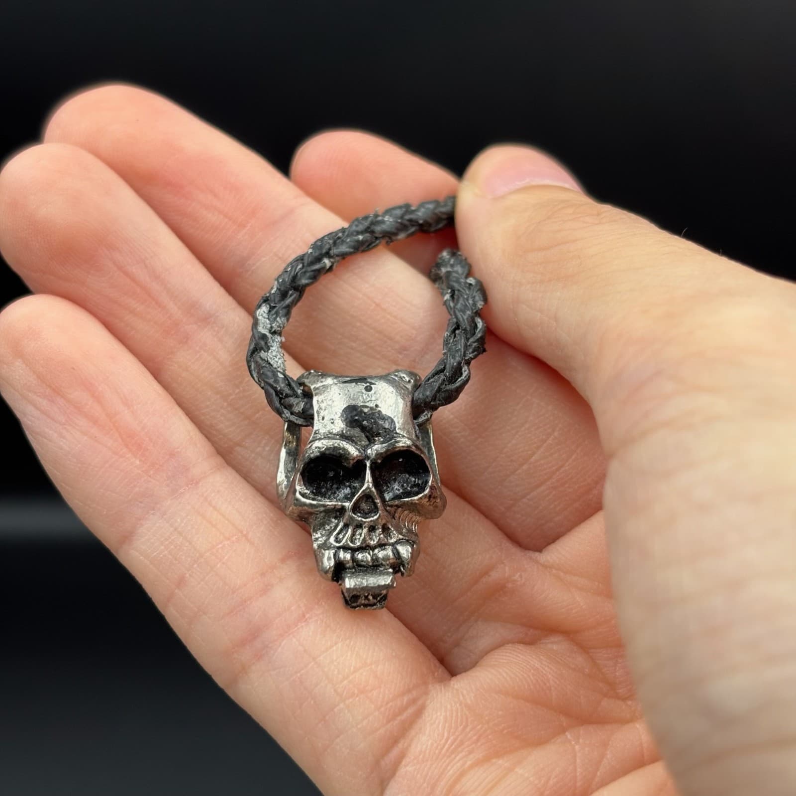 Vintage Silver-Tone Black Human Skull Retro Classic Braided Cord Charm Pendant - Thumbnail 4