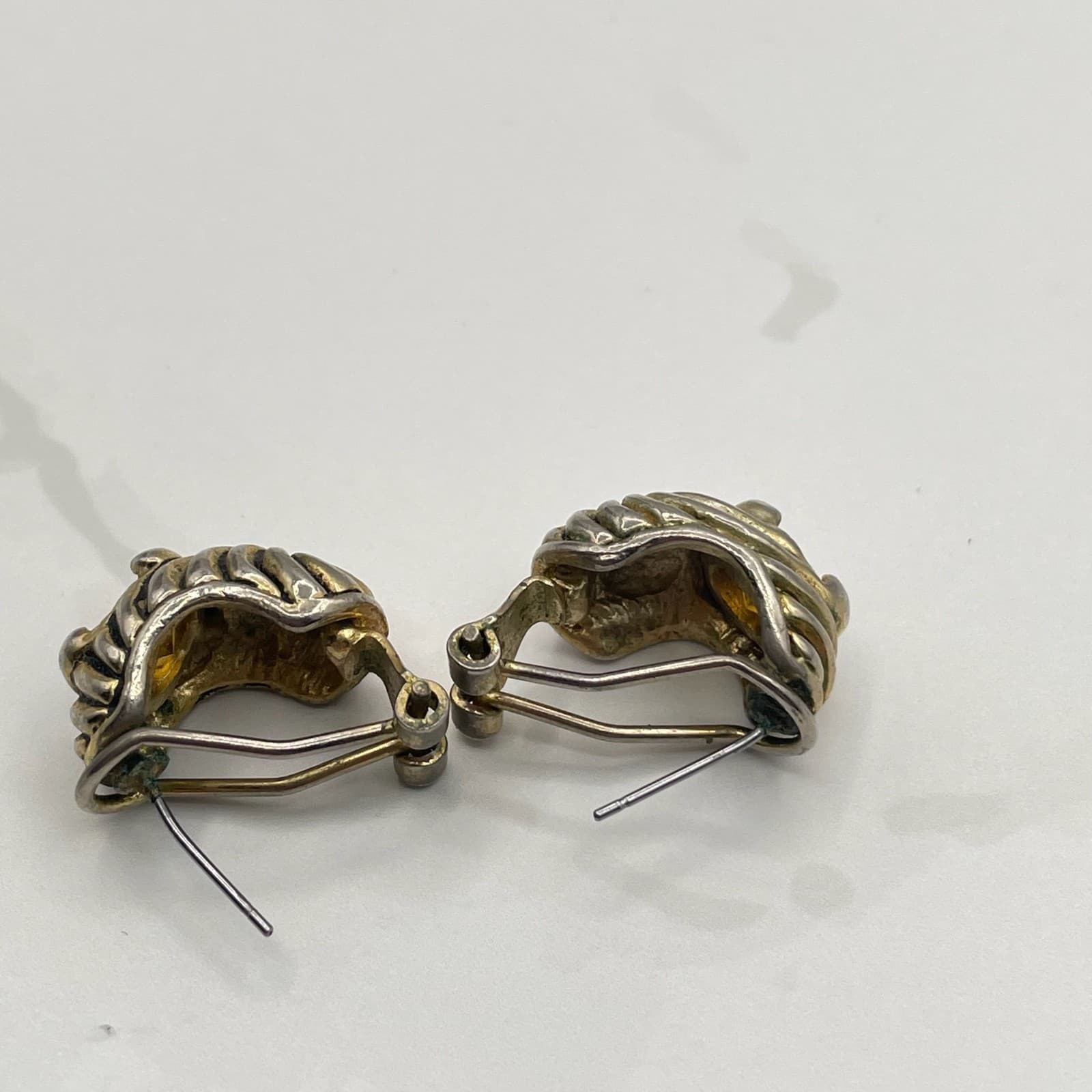 Vintage Two-Tone Citrine Style Earrings Gold Silver Tone with Amber Glass Stone - Thumbnail 7