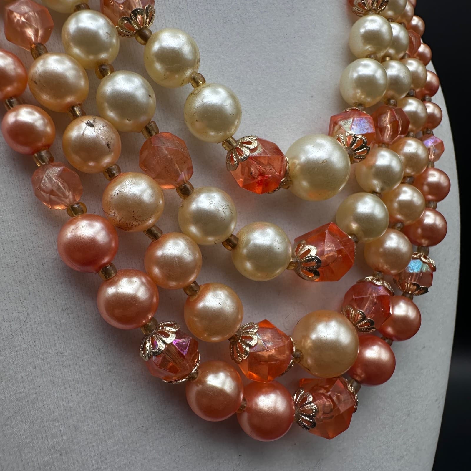 Vintage 90s Necklace 5-strand orange and cream faux pearl & faceted bead Jewelry - Thumbnail 2