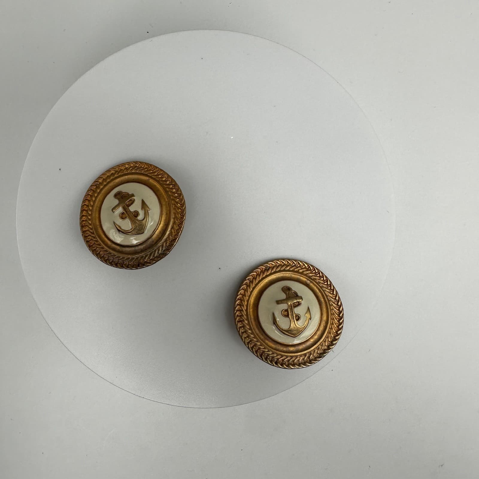 Vintage 90s Gold Tone & White Enamel Anchor Nautical Clip on Earring Jewelry - Image 1