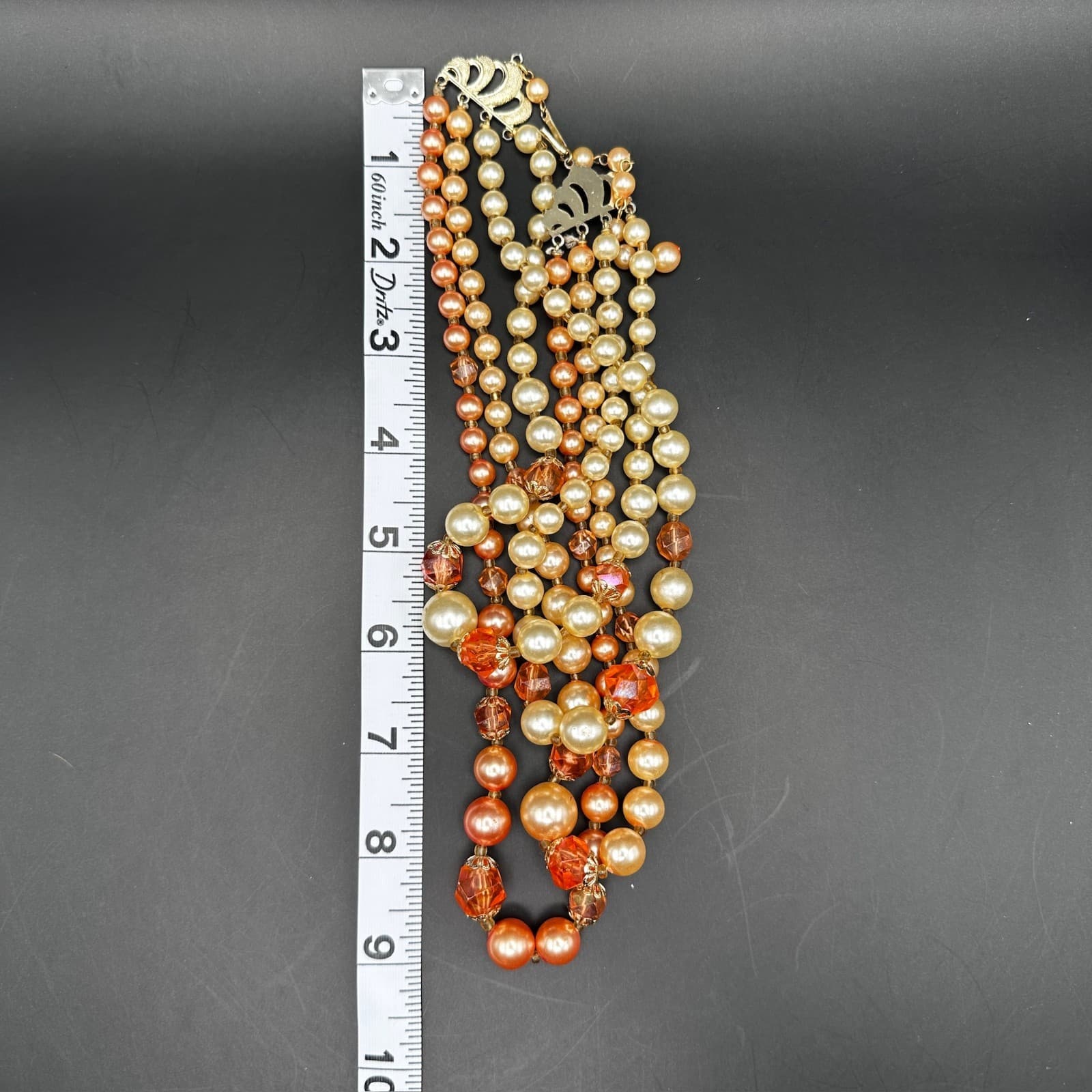Vintage 90s Necklace 5-strand orange and cream faux pearl & faceted bead Jewelry - Thumbnail 8