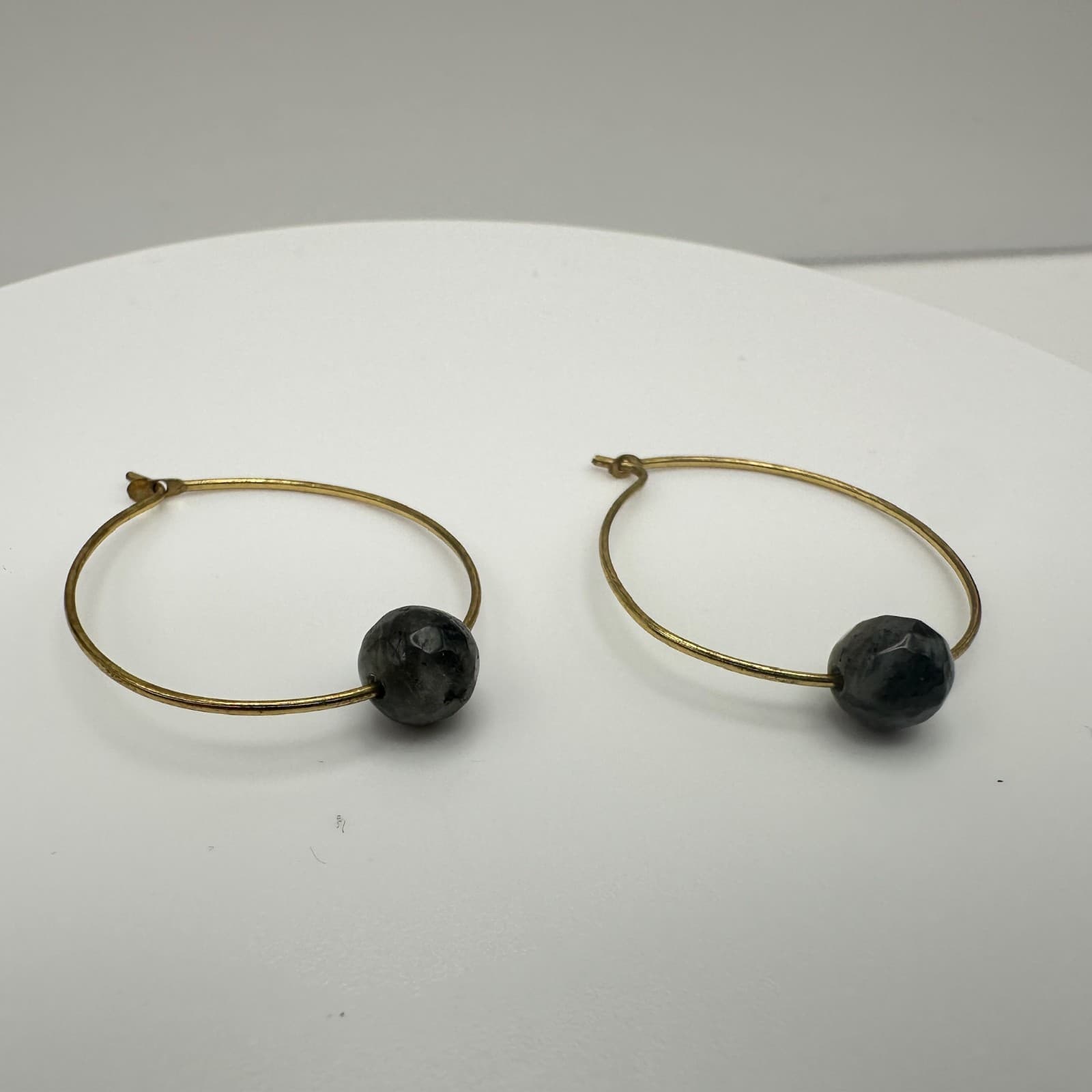 Vintage 90s Gold Tone Faceted Labradorite Stone Bead Hoop Earrings Women's - Image 1