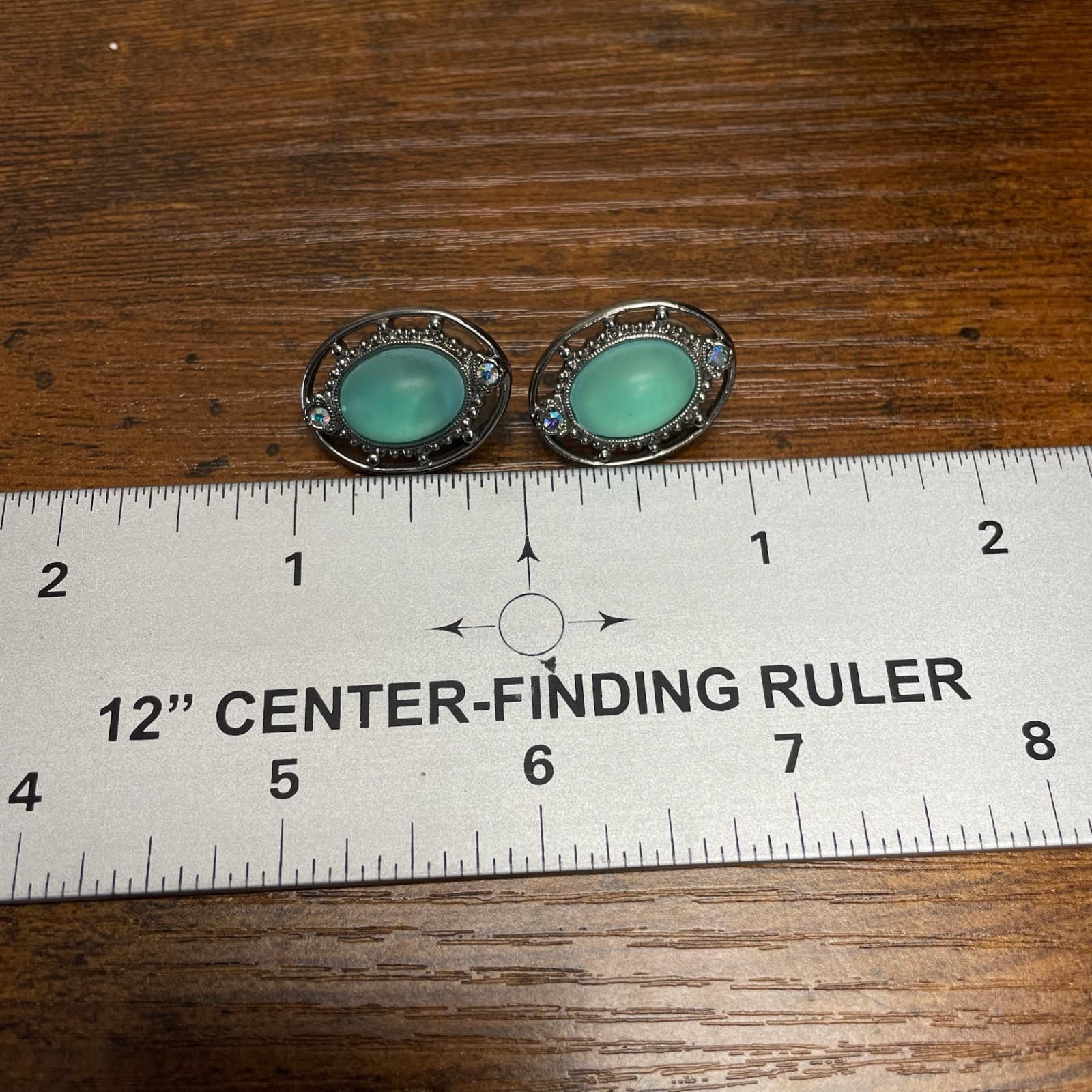 Vintage Style Silver Tone Oval Earrings Seafoam Green Stone Crystal Accents Stud - Thumbnail 5