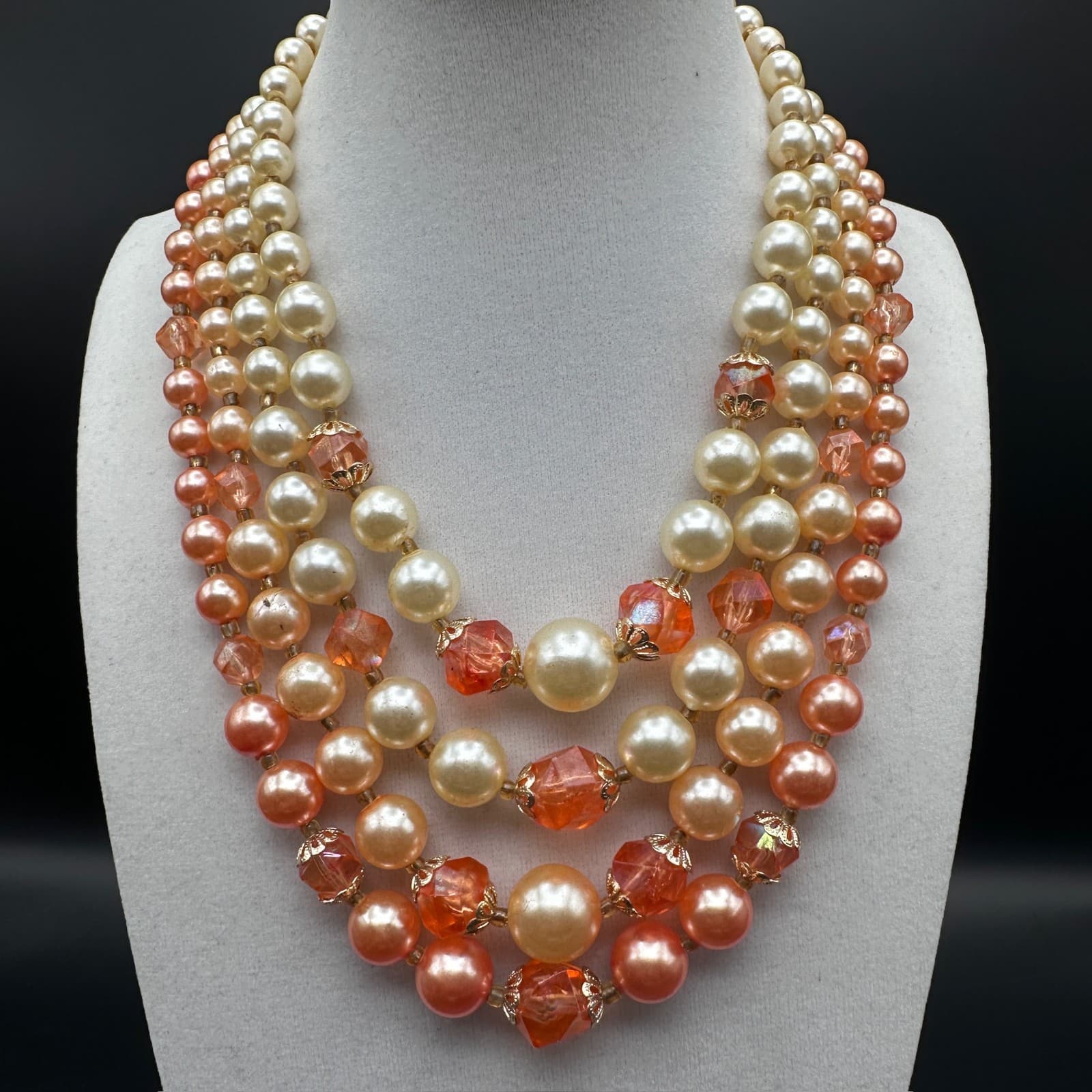 Vintage 90s Necklace 5-strand orange and cream faux pearl & faceted bead Jewelry - Thumbnail 5