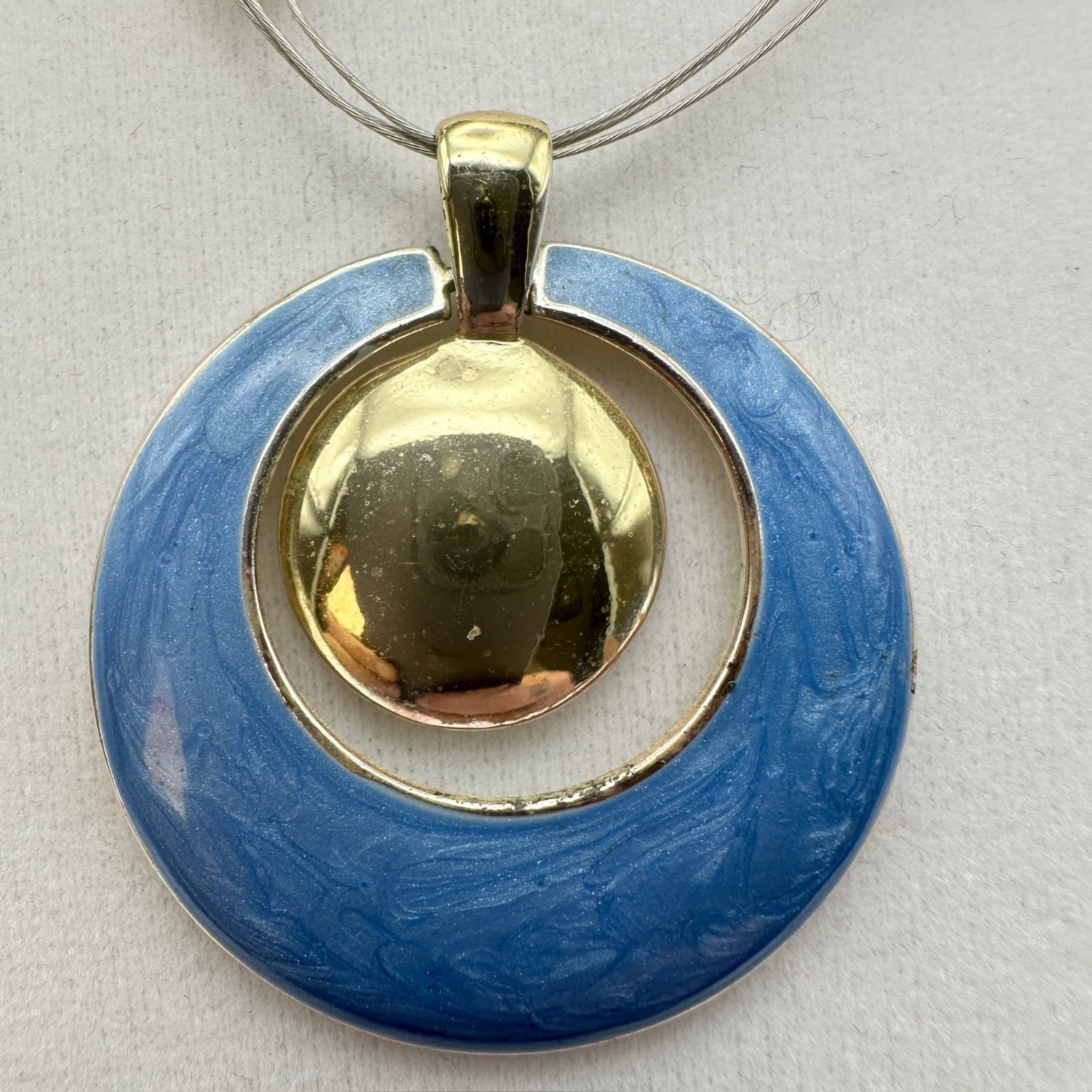 Vintage NY Gold Tone Blue Enamel Circles Multi Strand Wire Necklace Jewelry 90s - Thumbnail 7