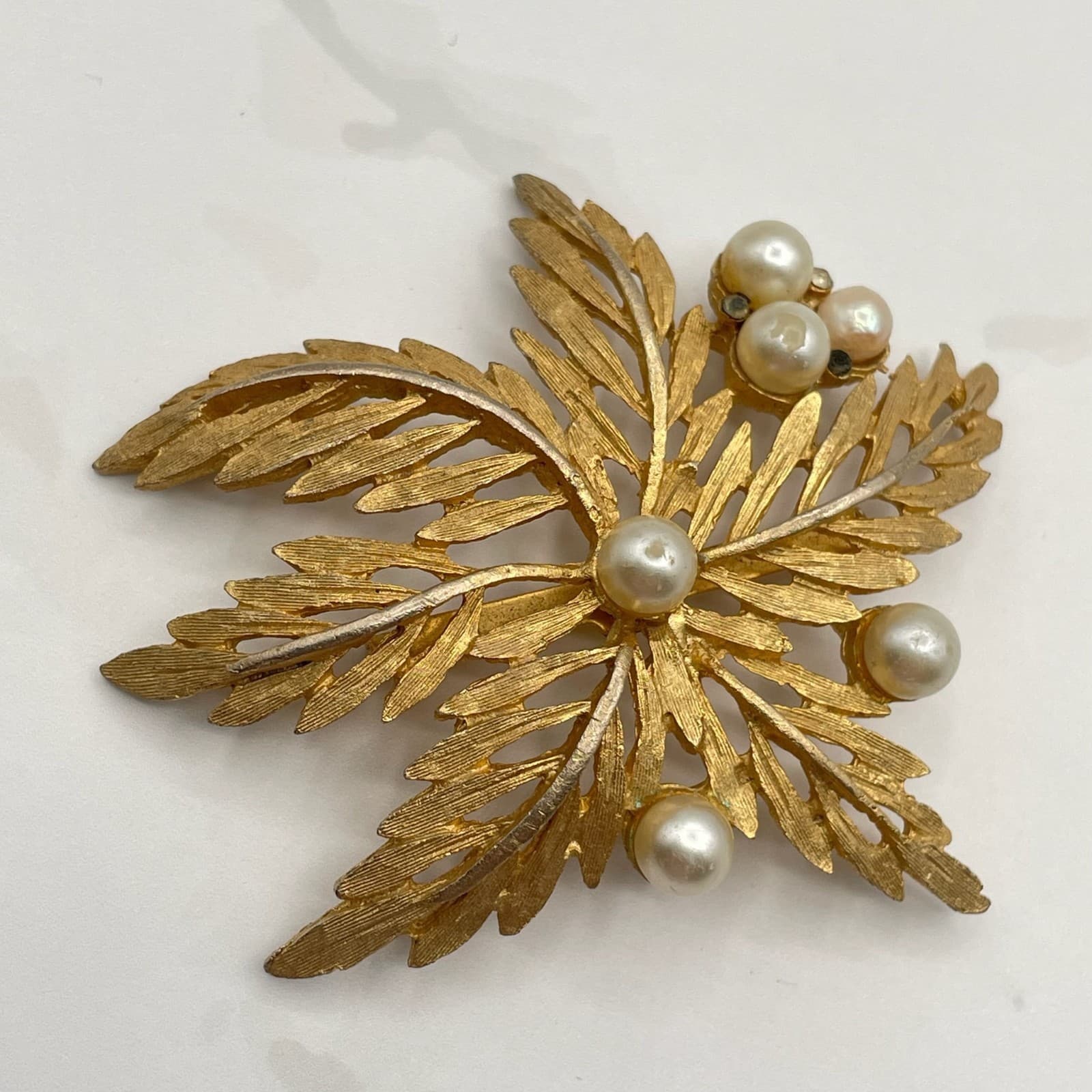 Vintage Gold Plated Aluminium Palm Leaves and Simulated Pearls Brooch Pin - Image 1