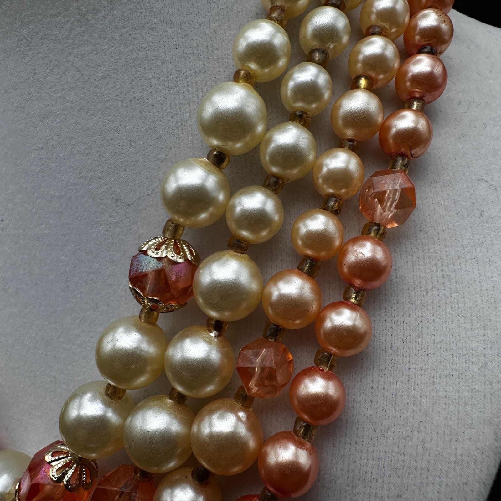 Vintage 90s Necklace 5-strand orange and cream faux pearl & faceted bead Jewelry - Thumbnail 4