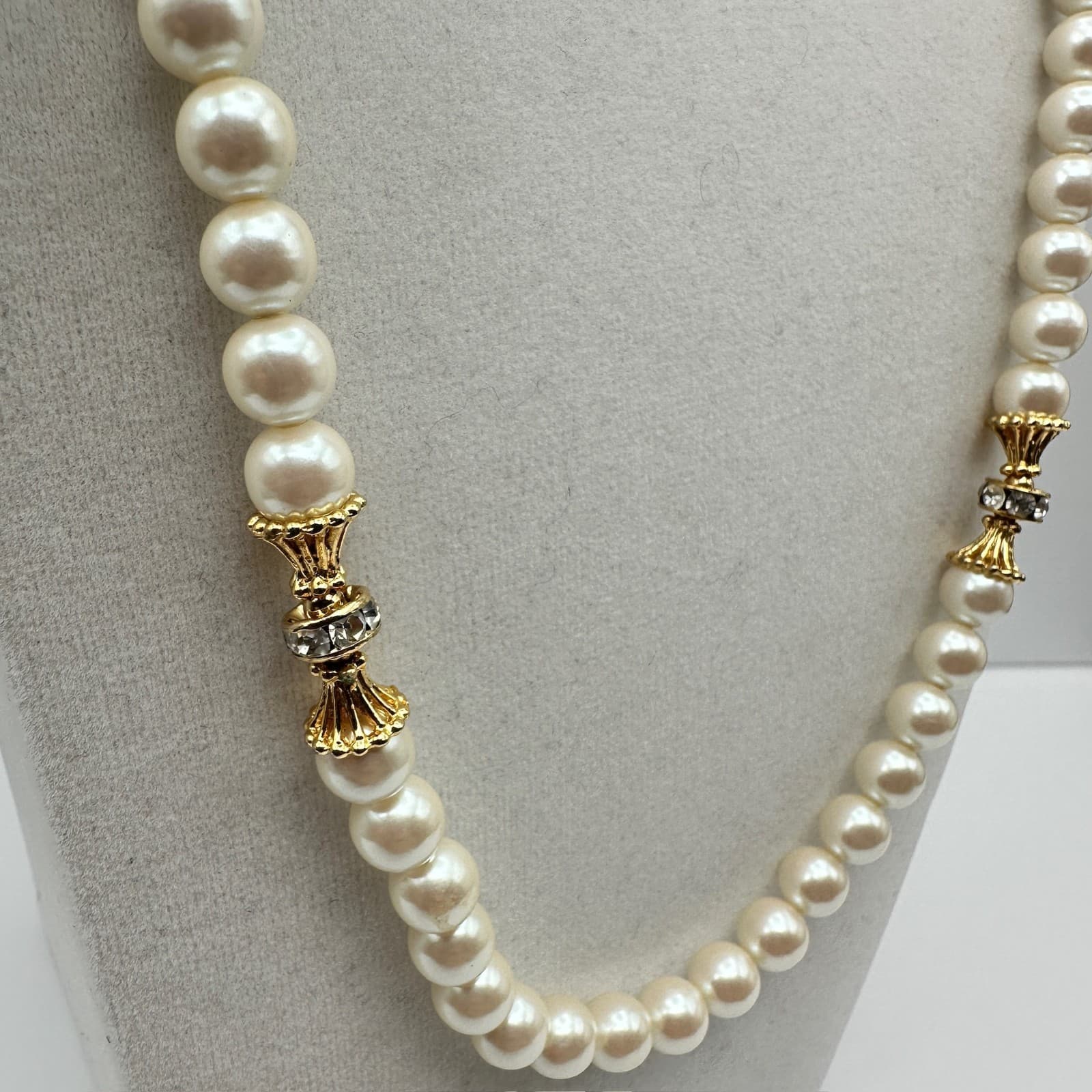 Vintage Faux Pearl Gold Tone Decorative Spacer Zirconia Bead Necklace Jewelry - Thumbnail 3