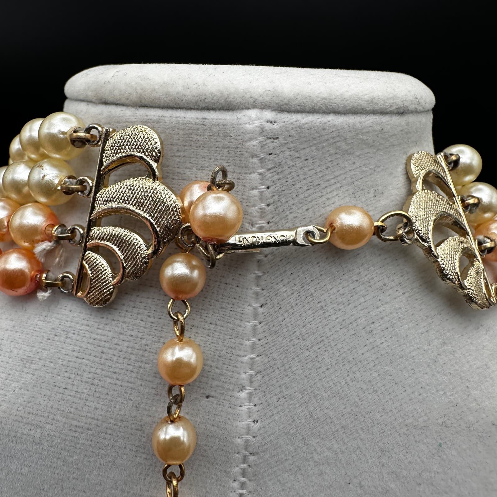 Vintage 90s Necklace 5-strand orange and cream faux pearl & faceted bead Jewelry - Thumbnail 6