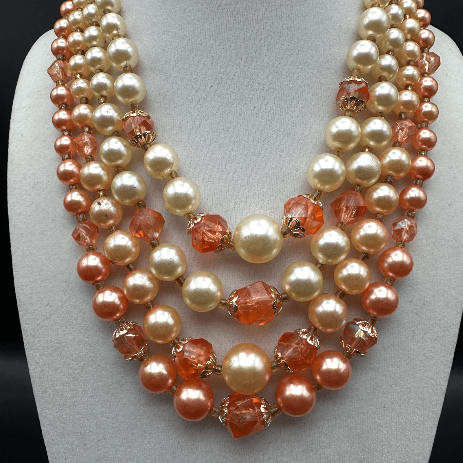 Vintage 90s Necklace 5-strand orange and cream faux pearl & faceted bead Jewelry - Image 1