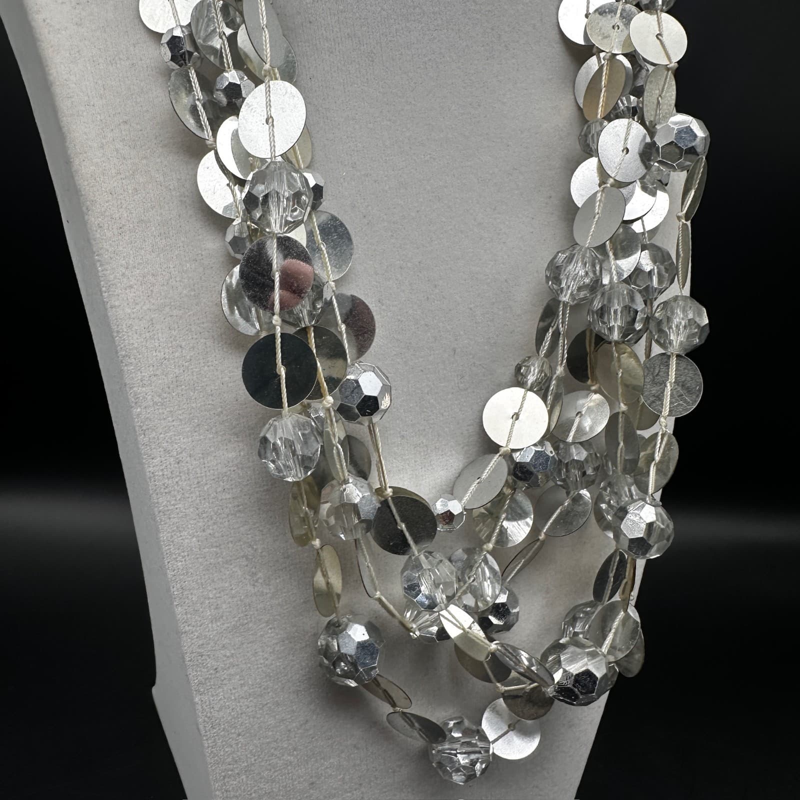 Vintage Multi Strand Necklace Silver Tone Disc Sequin Clear Bead Chunky Jewelry - Thumbnail 3