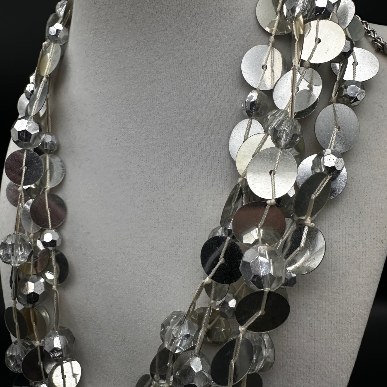 Vintage Multi Strand Necklace Silver Tone Disc Sequin Clear Bead Chunky Jewelry - Thumbnail 6