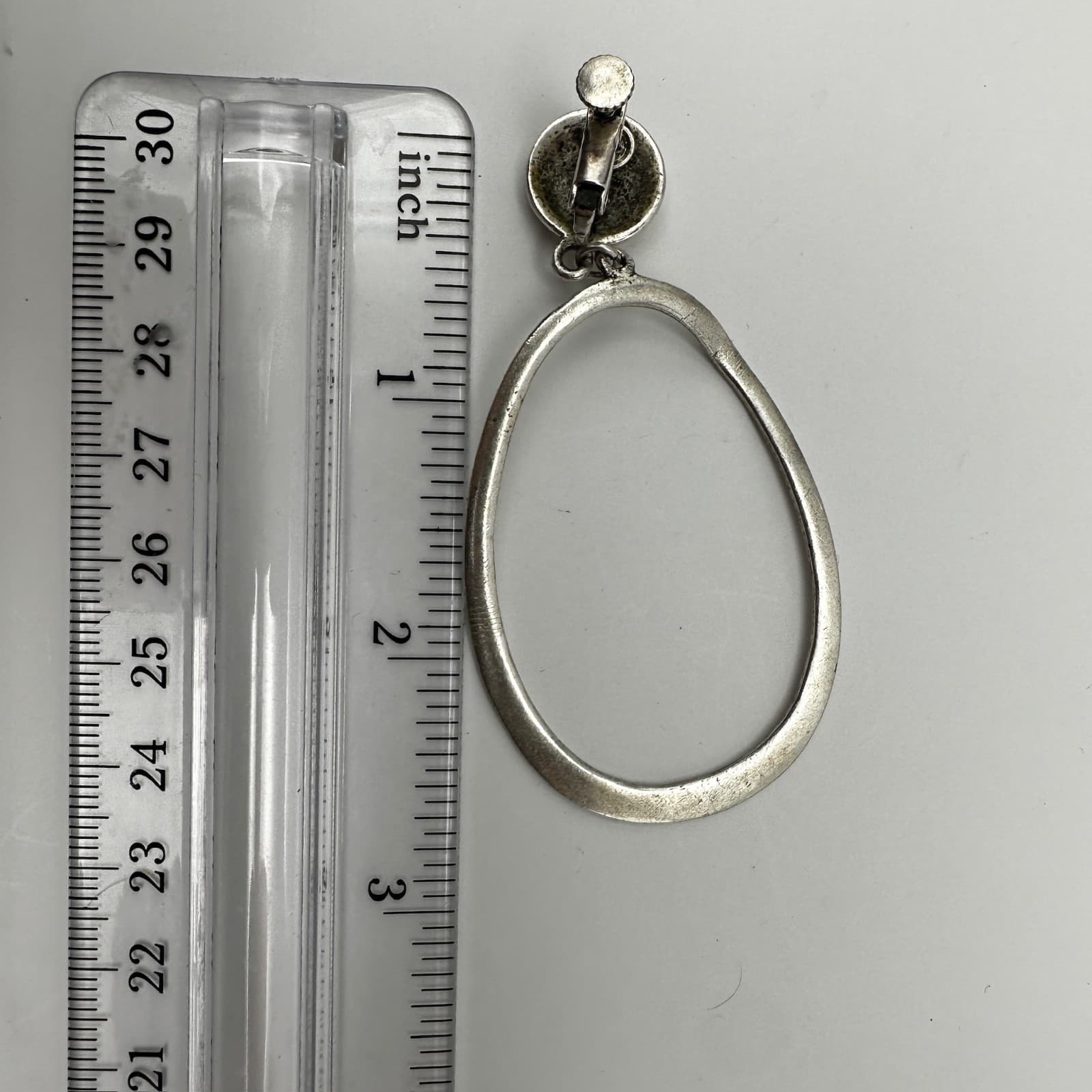 Vintage 80s Silver Tone Large Oval Drop Clip-On Earrings Retro Jewelry - Thumbnail 6