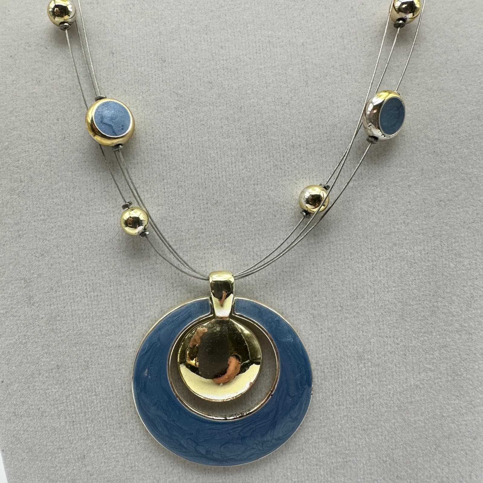 Vintage NY Gold Tone Blue Enamel Circles Multi Strand Wire Necklace Jewelry 90s - Thumbnail 2