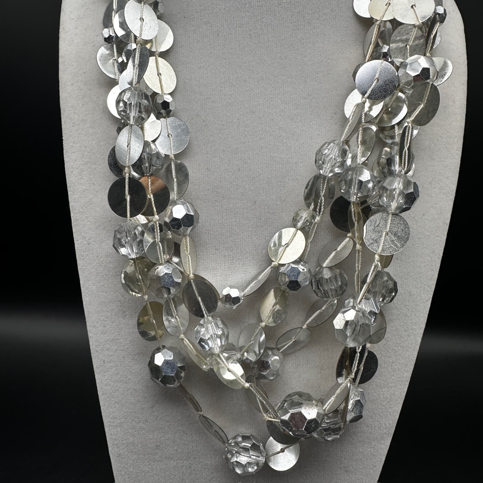 Vintage Multi Strand Necklace Silver Tone Disc Sequin Clear Bead Chunky Jewelry - Thumbnail 2