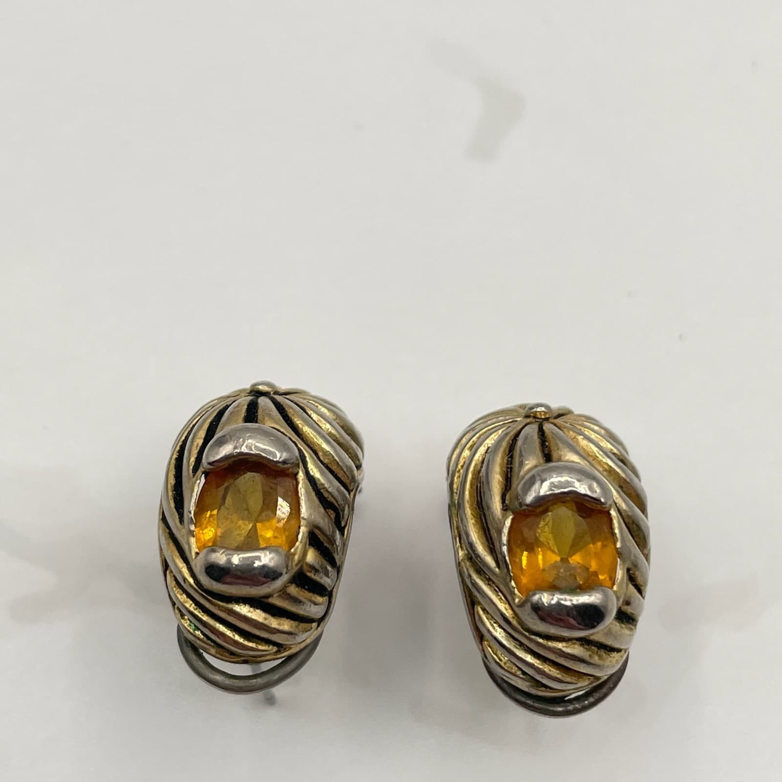 Vintage Two-Tone Citrine Style Earrings Gold Silver Tone with Amber Glass Stone - Thumbnail 6