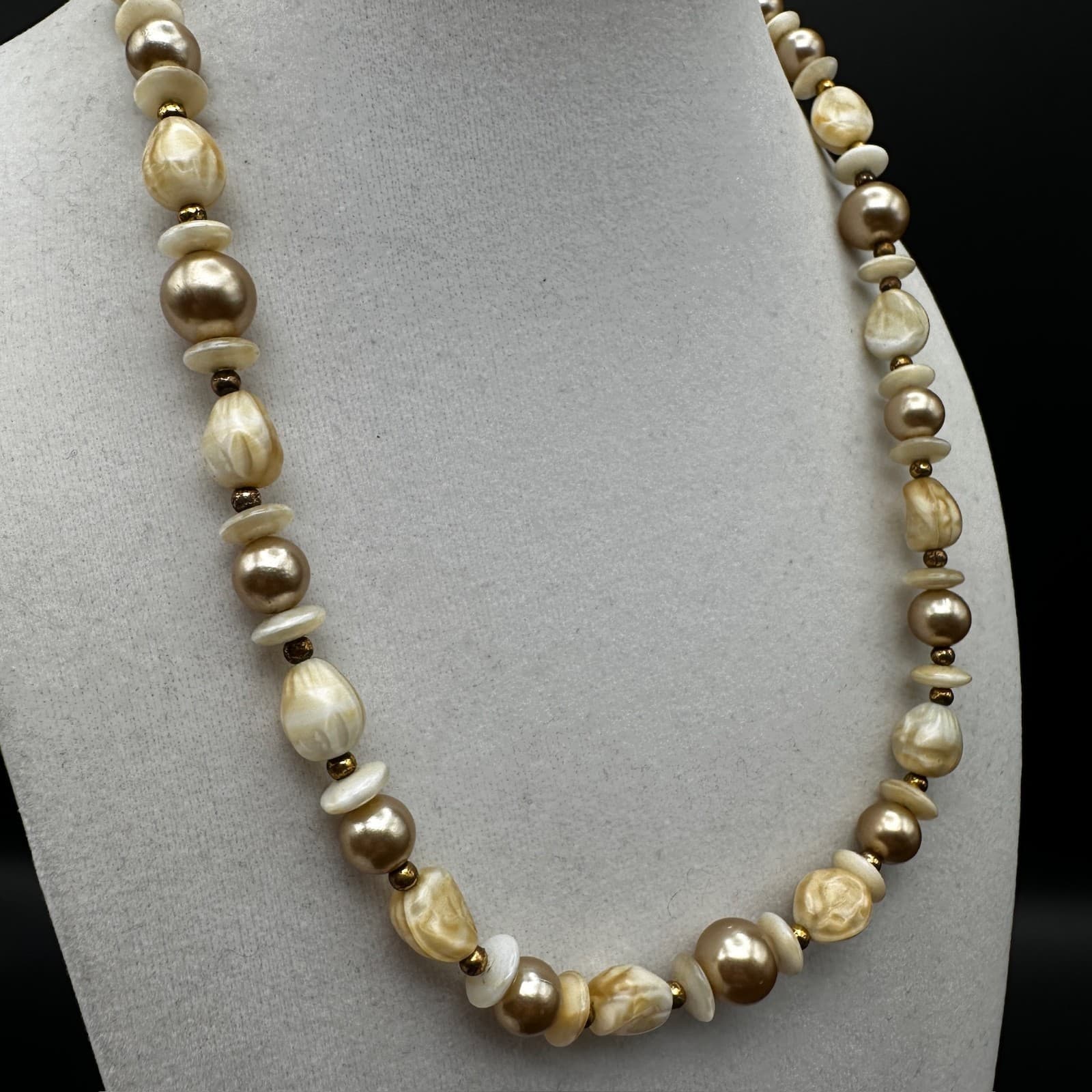Vintage Ivory & Gold Toned Graduated Faux Pearl Statement Necklace 80s Jewelry - Thumbnail 3